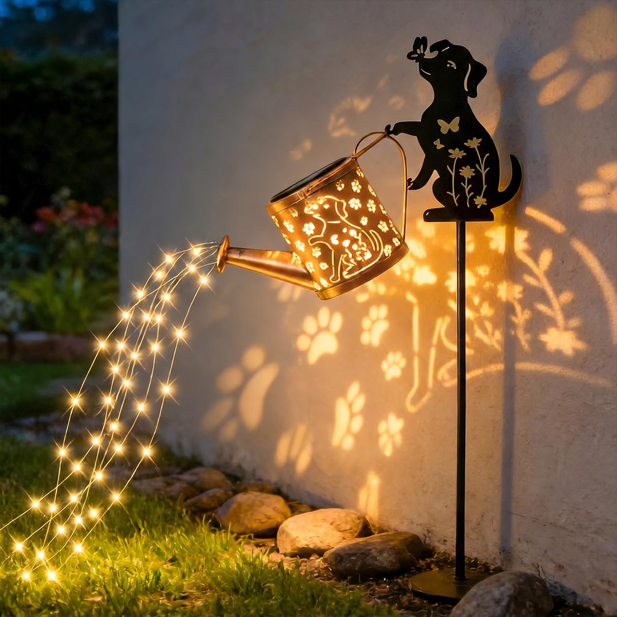 ZYLiWoo Solar-Powered Dog Watering Can Lights with Metal Dog Statue Silhouette Pillar Garden Feature Light, for Christmas, Mothe