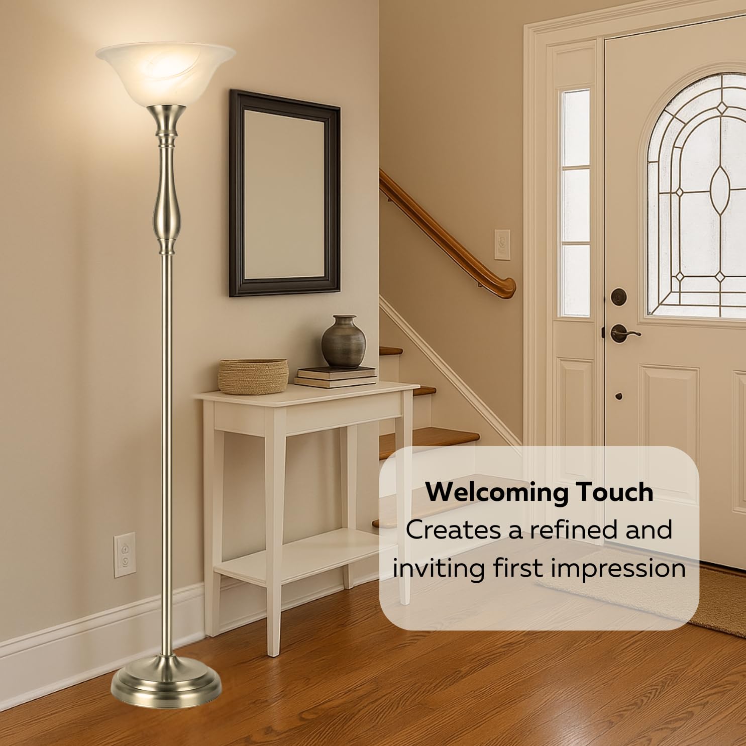 LIGHTACCENTS Floor Lamp 72" Tall Torchiere, Brushed Nickel with Alabaster Shade, Model 16176 - Modern Standing Lamp for Living Room or Bedroom