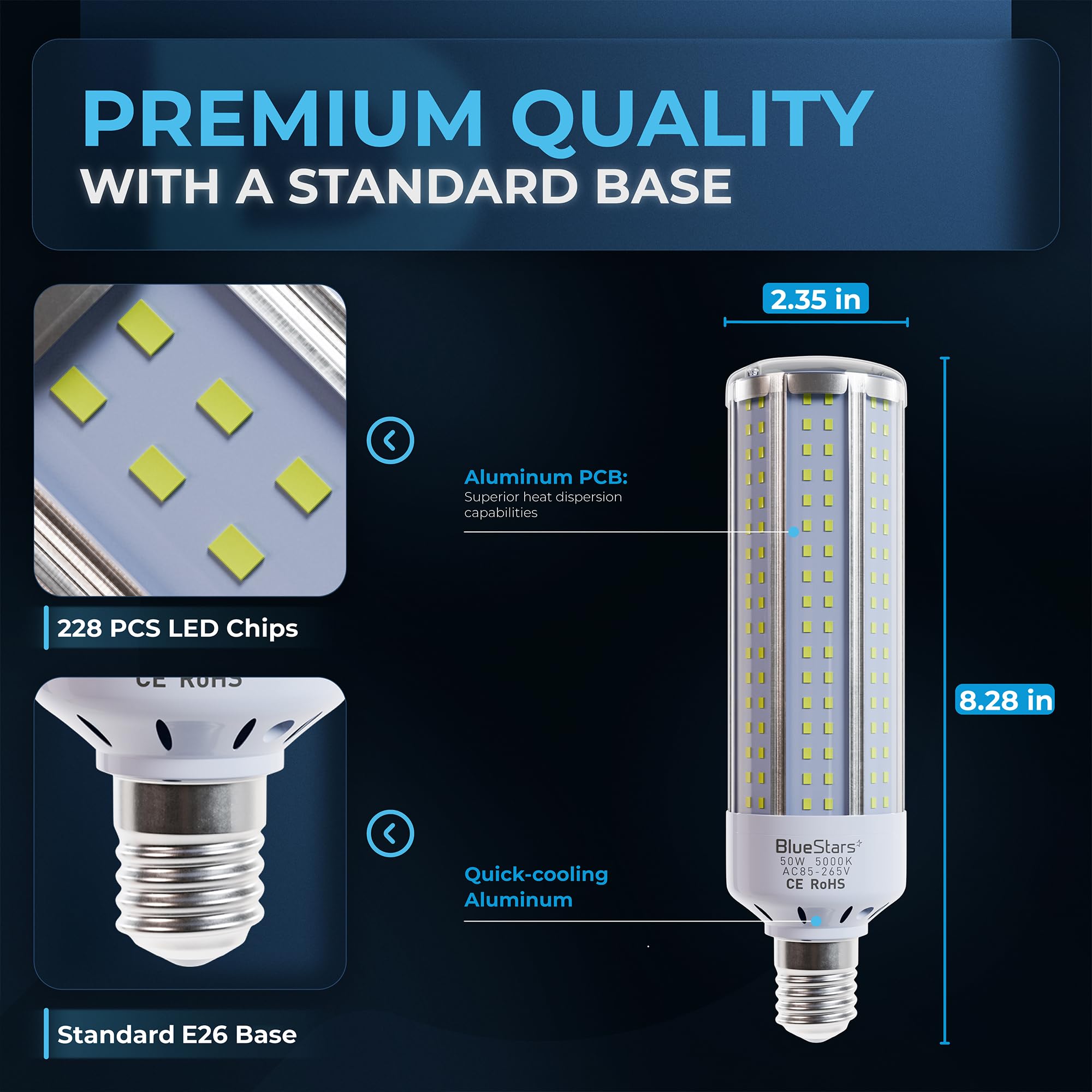 BlueStars 50W E26 LED Corn Light Bulbs, 5000K, 3200 Lumens, Clear, Super Bright for Home, Outdoors, Warehouses