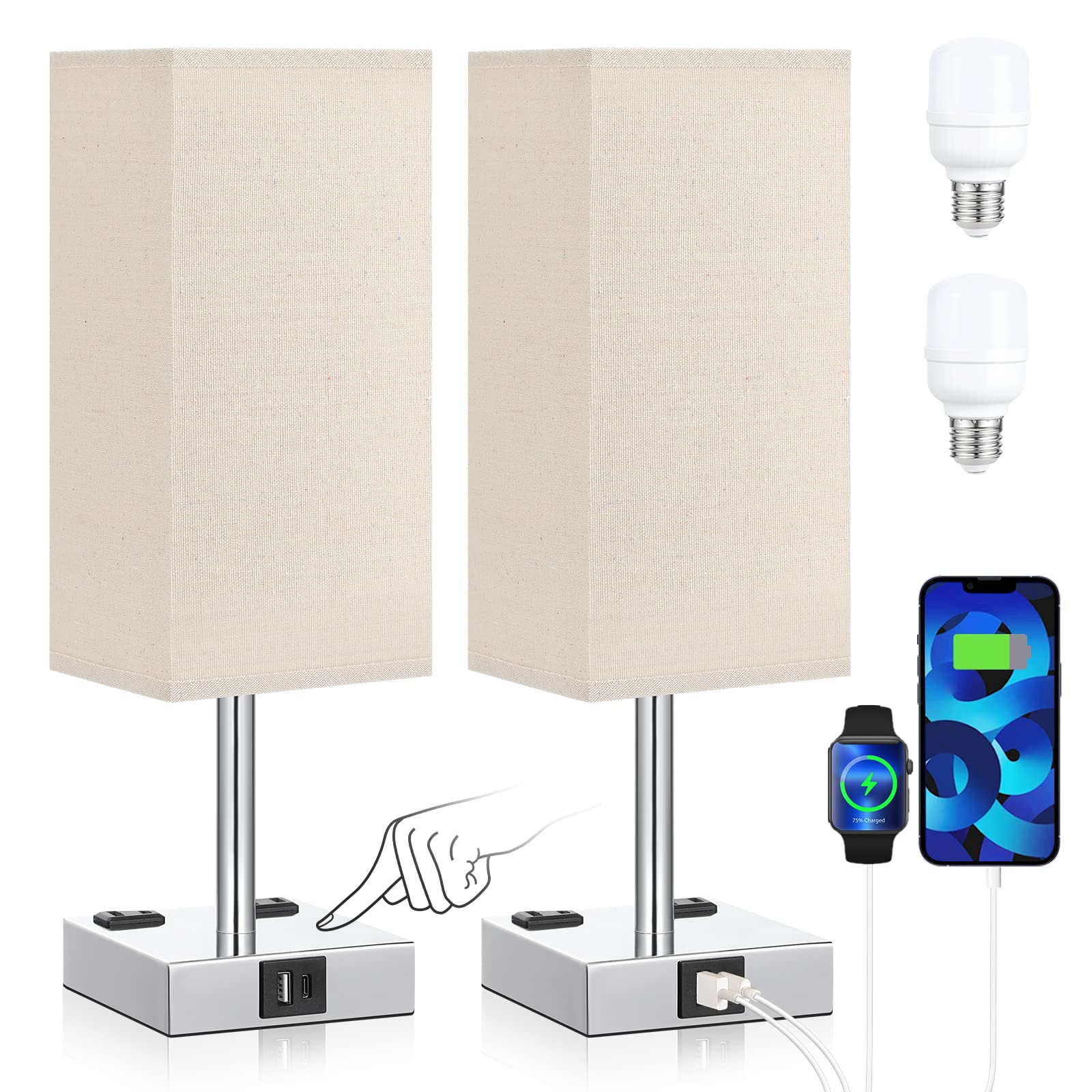 aooshine Beige Set of 2 Touch Lamp with USB Port-Nightstand Lamp with USB-C+A Charge Ports& AC Outlets, 3-Way Dimmable Bedside L