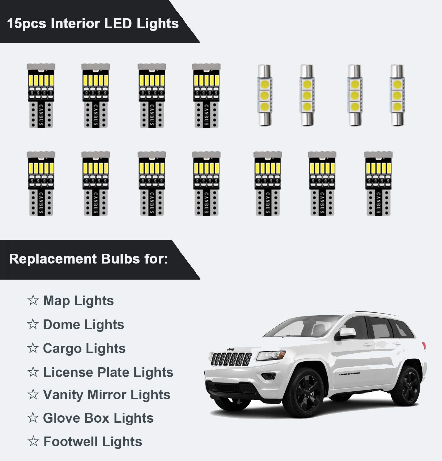 Awalited 15Pcs Interior Led Lights Kit Super Bright Map Dome Bulbs For 2011-2018 2019 2020 Jeep Grand Cherokee All Models
