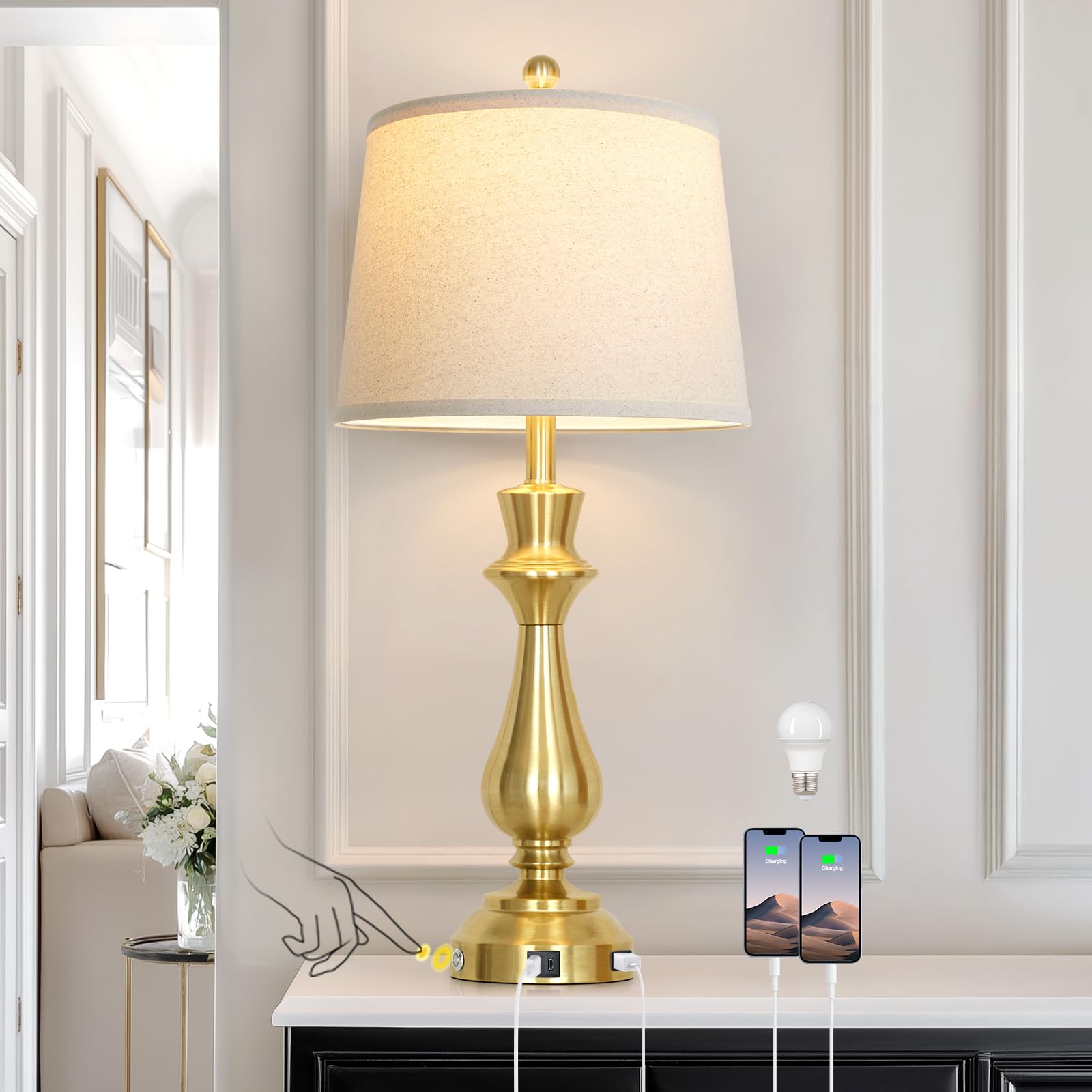 Cinkeda Touch lamp for Night Stands - 29.5 Tall Bedside Lamp with USB C+A  3 Way Dimmable Bedroom Lamps  Gold Metal Table Lamps for Living Room  Single Gold