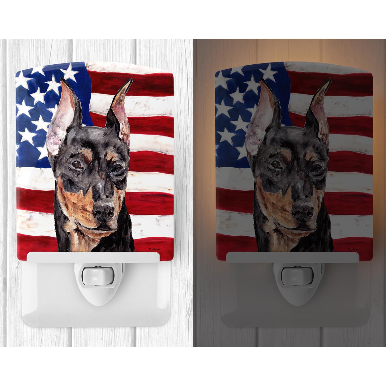 Carolines Treasures Ceramic Night Light, German Pinscher & American Flag, UL-Certified, 6x4x3in, Multicolor, Model SC9644CNL