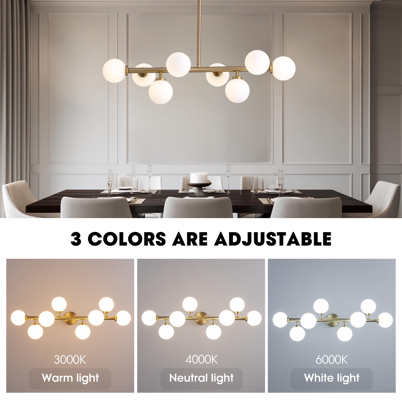 7Pmbeane Modern Linear Chandelier, Mid Century Gold Brass Sputnik Pendant Light With White Glass Lampshade,8 Lights Globe Rectan