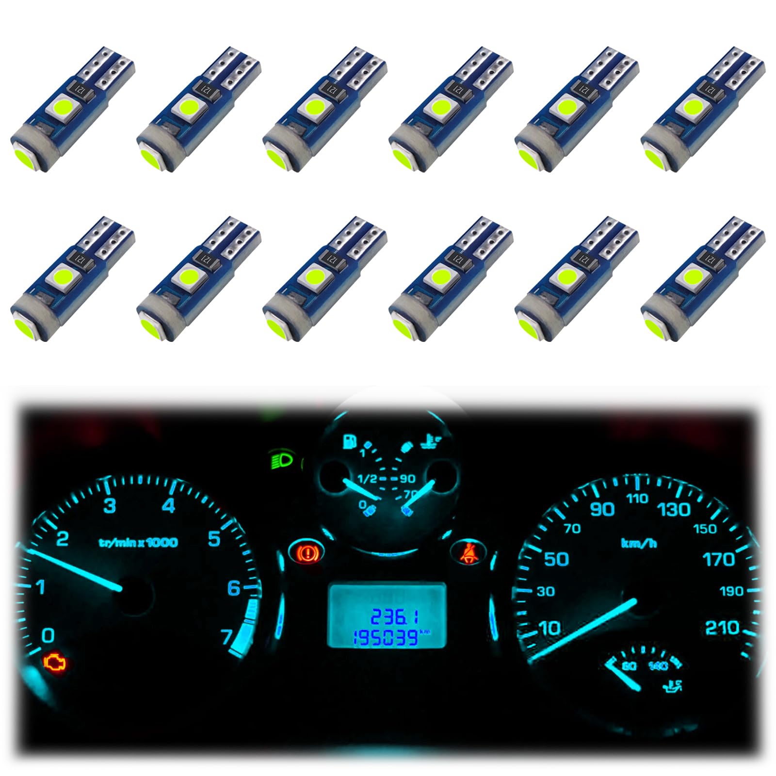 ecocstm 12 PCS T5 LED Bulbs  74 73 37 2721 Instrument Cluster Light Bulb  12 Volt Bright Canbus Error Free LED Dashboard Light Bulb  3030 SMD Automotive Replacement Bulbs (Ice Blue)