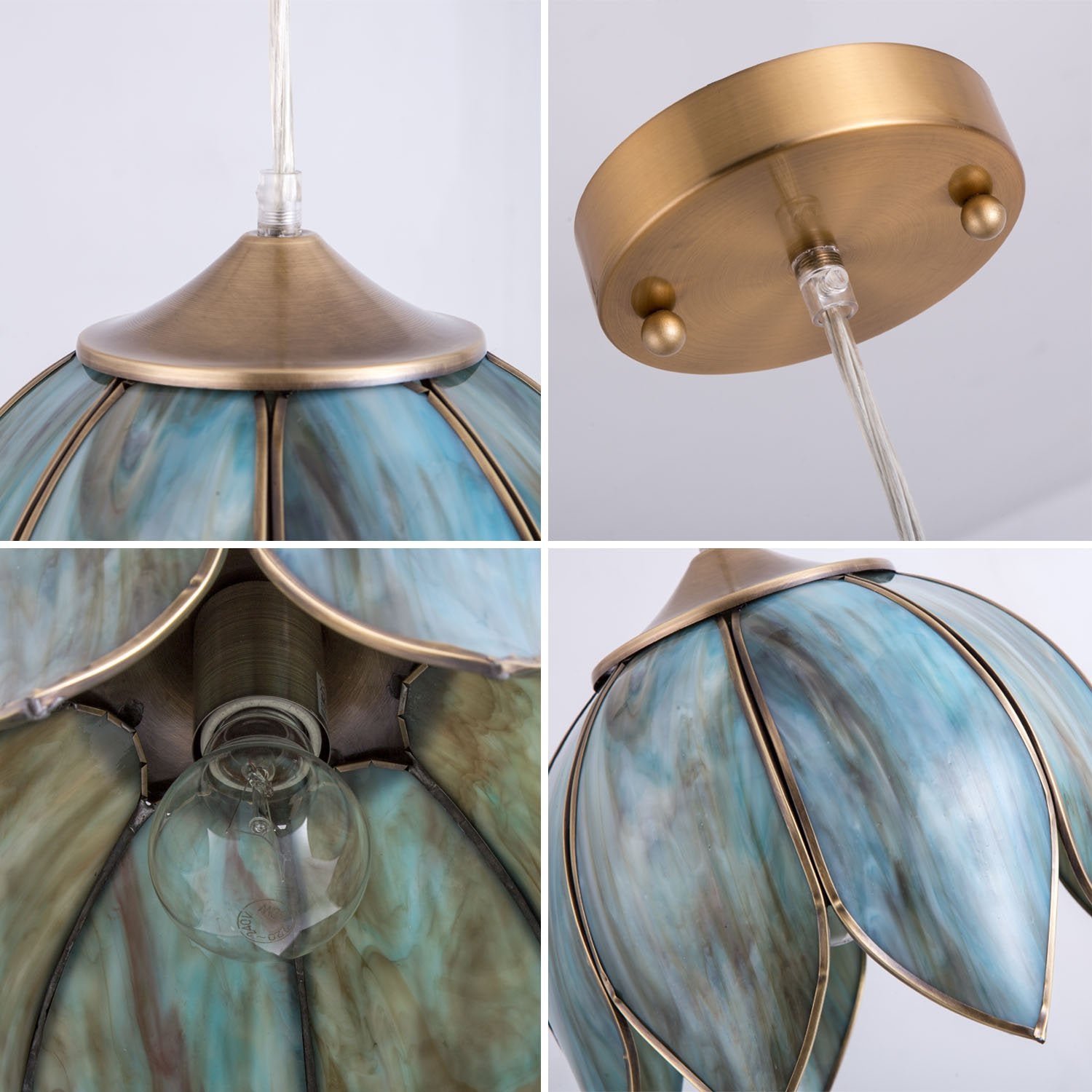 Yifi Deco Pendant Lighting Vintage Oriental Lotus Brass Ceiling Pendant Light Fixture Mixed Blue-Green Glass Hanging Lamp For Ki