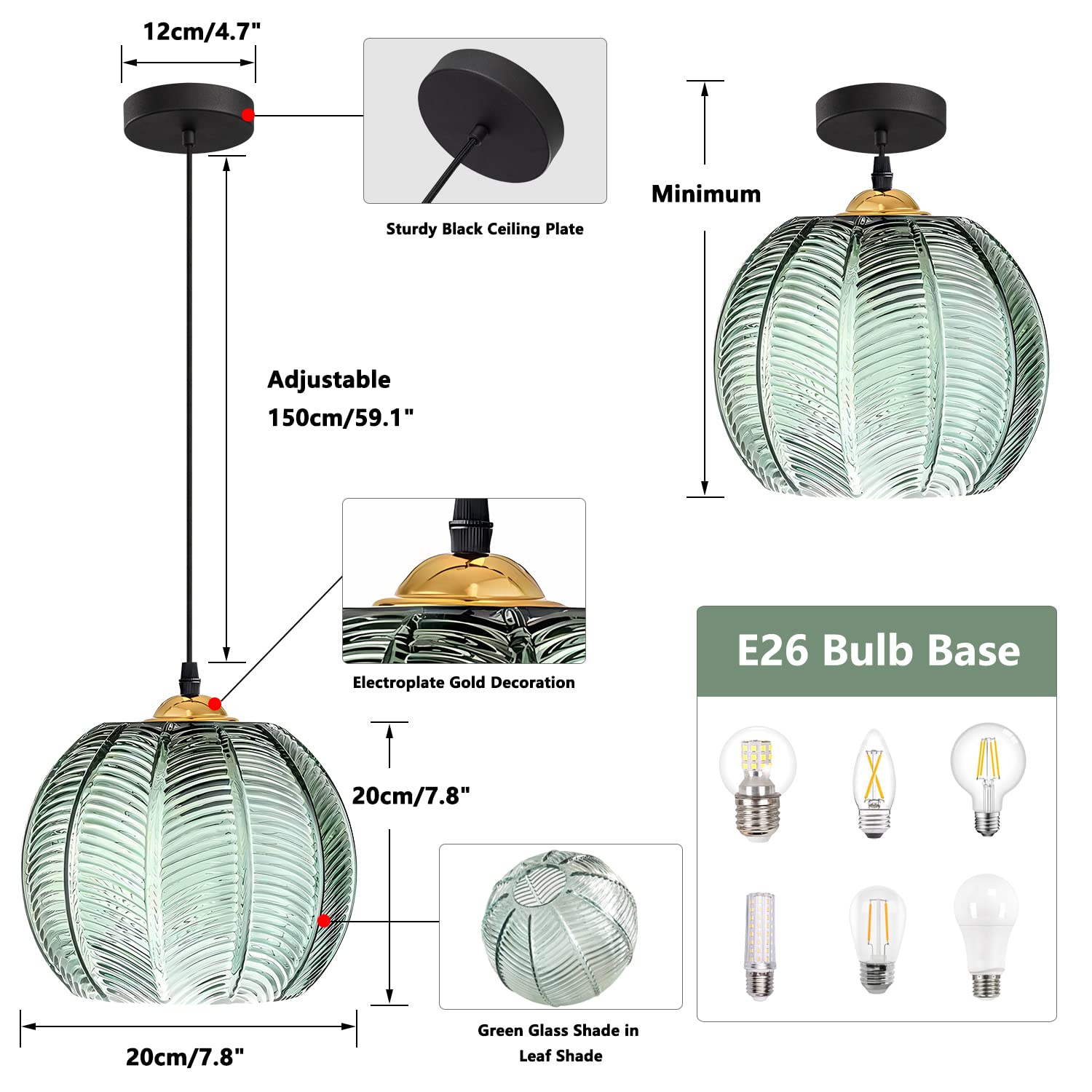 KCO Lighting Green Ribbed Glass Pendant Light Fixture, Large Globe, Model L1122