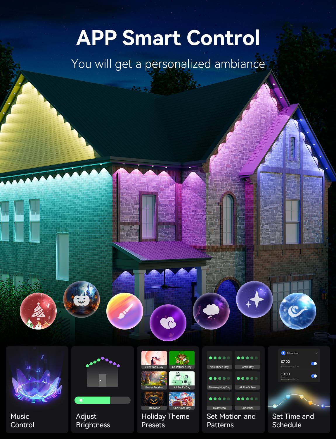 lemonrole 50FT RGB Outdoor Lights - App Controlled, IP67 Waterproof, Multicolor Eaves Lighting for Christmas & Holidays