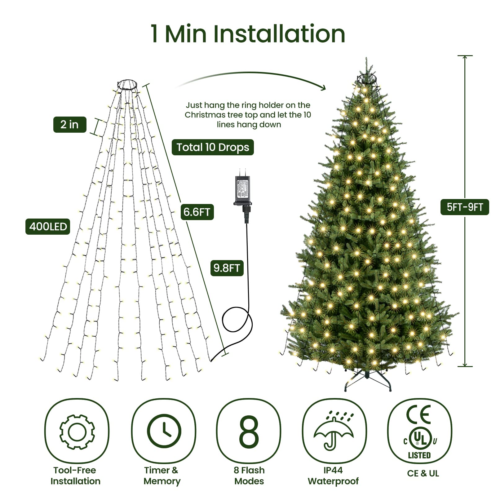 Marchpower Christmas Tree Lights Warm White, 8 Modes Christmas Lights For Tree With Timer & Memory Function, 400 Diamond Led 6.6
