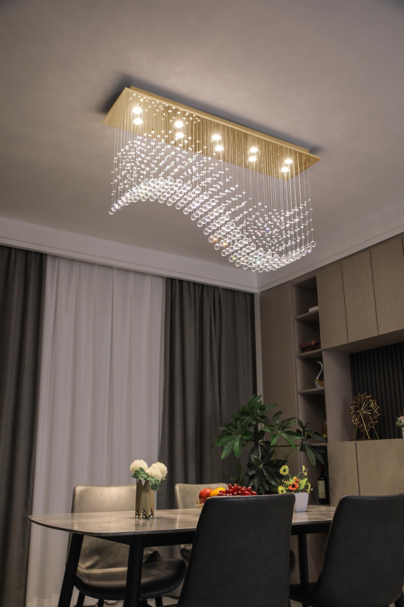 Siljoy Modern Crystal Chandelier, Gold 47'' Rectangular K9 Raindrop Flush Mount Light Fixture for Dining Room & Kitchen, Model HLC04512G