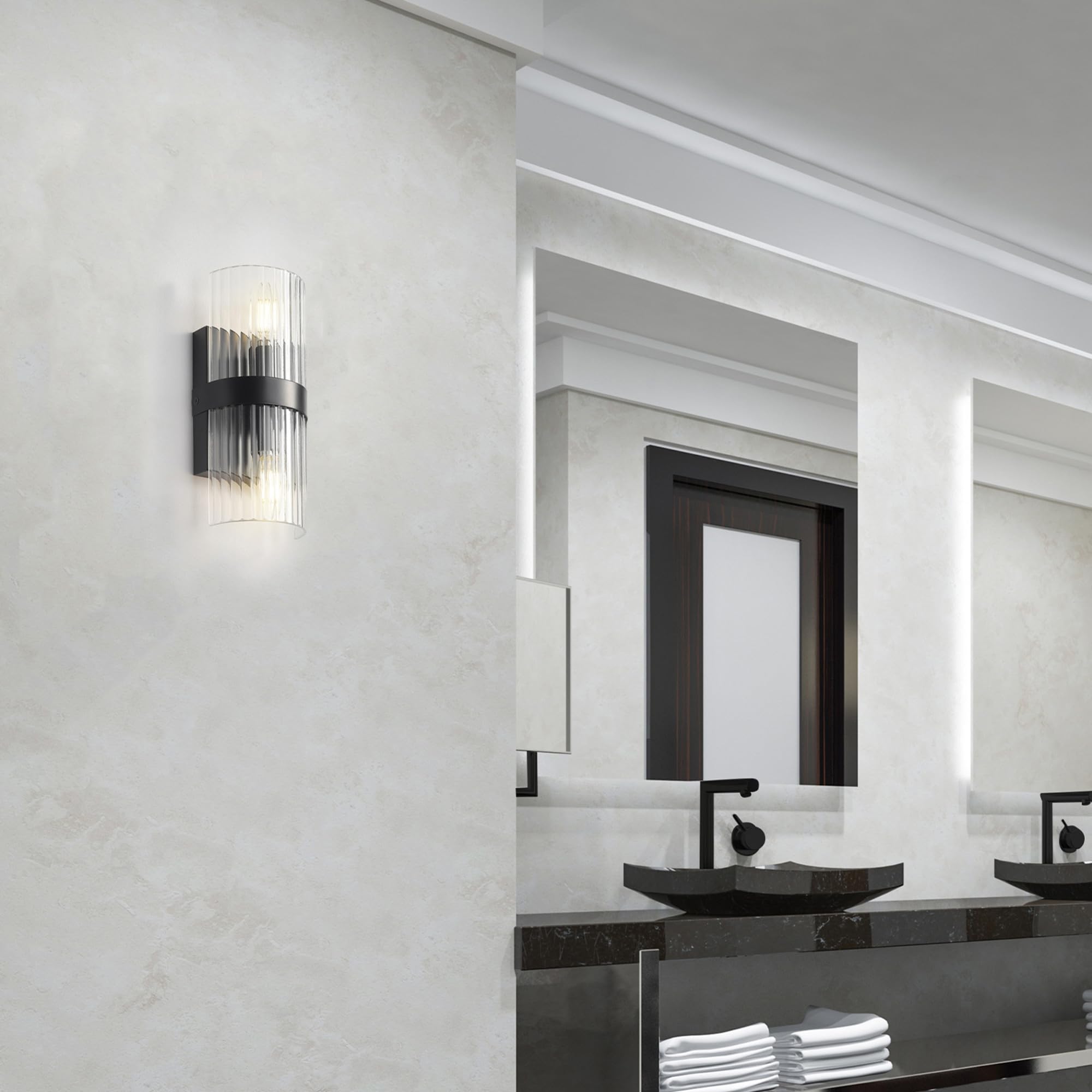 Globe Electric 65000050 2-Light Wall Sconce, Matte Black, Ribbed Glass Shade, E12 Base Sockets, Lights For Living Room, Home Dec