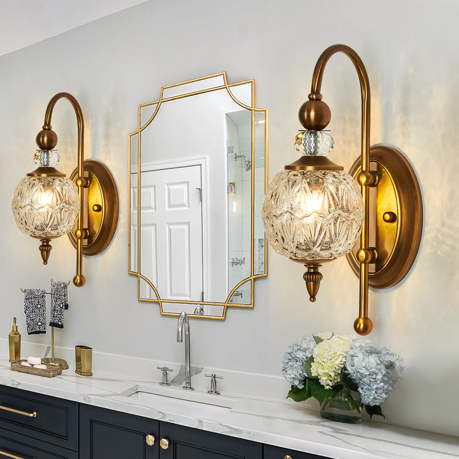 Piepooye Vintage Gold Wall Sconce Set, 2 Pack Brushed Brass with Glass Globe Shade, Model R-3026, Ideal for Bathroom & Living Room