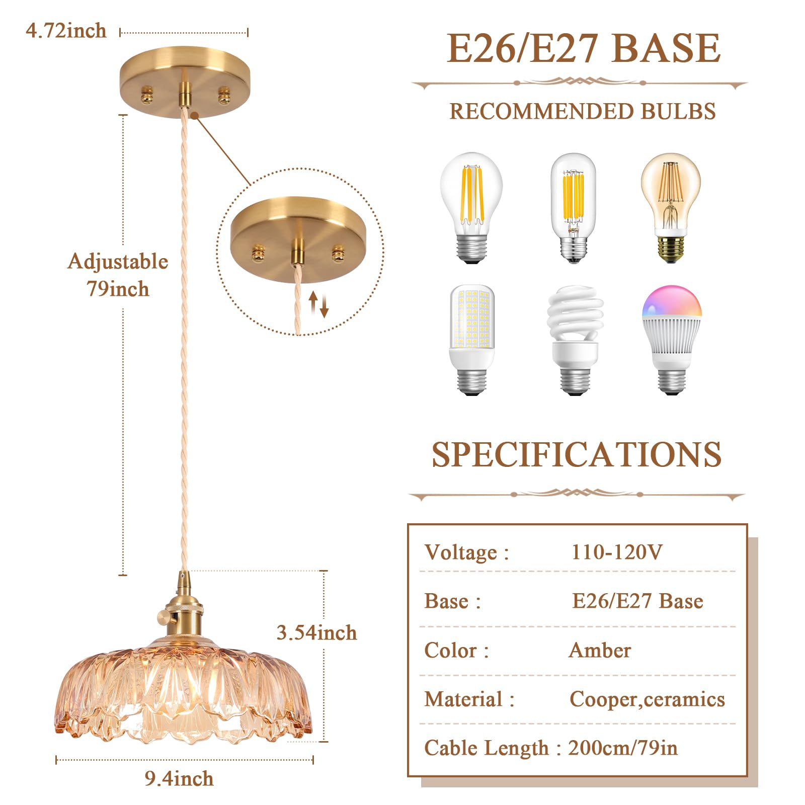 Loiogohot Glass Pendant Light Vintage Light Fixtures,Amber Modern Chandelier Pendant,E26 Pendant Lights Kitchen Island,9.4Inch H