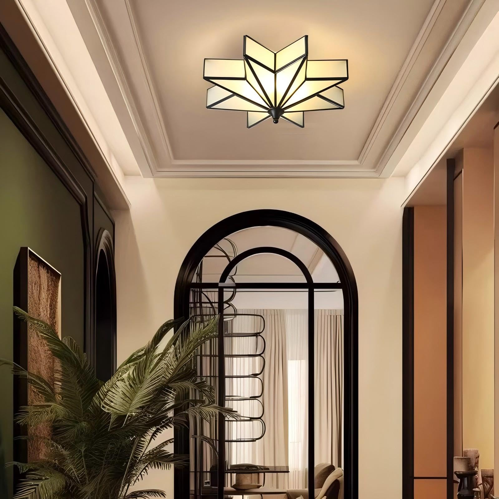 LIGHTLAND Flush Mount Ceiling Light, 4 Lights Brass, Glass Shade, 19.7 Inch, Black, Art Deco for Bedroom, Living Room, Hallway