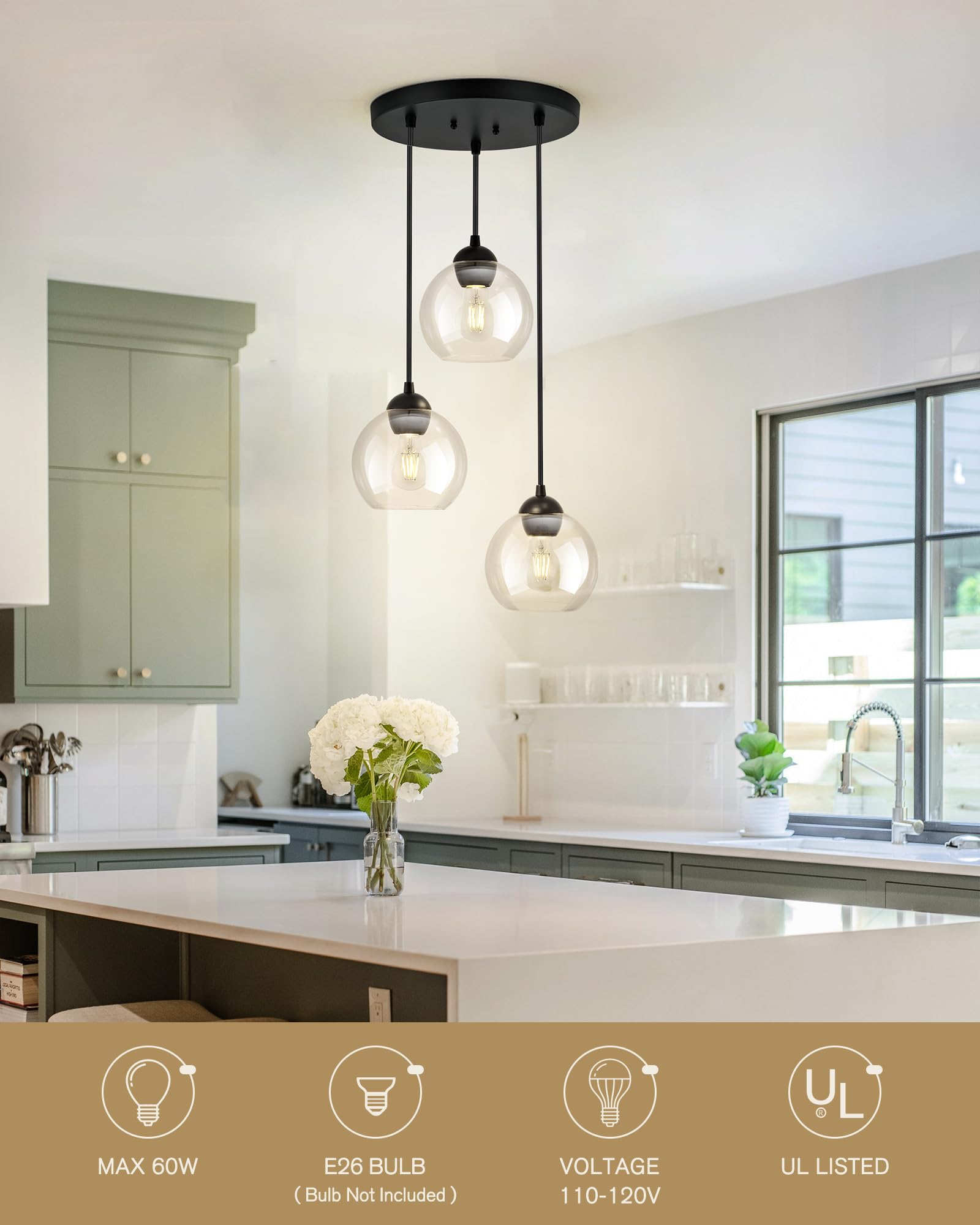 Emak Modern Black Pendant Lights Kitchen Island, 7 Inch Globe Pendant Light With Clear Glass Shade, 3-Light Cluster Island Light