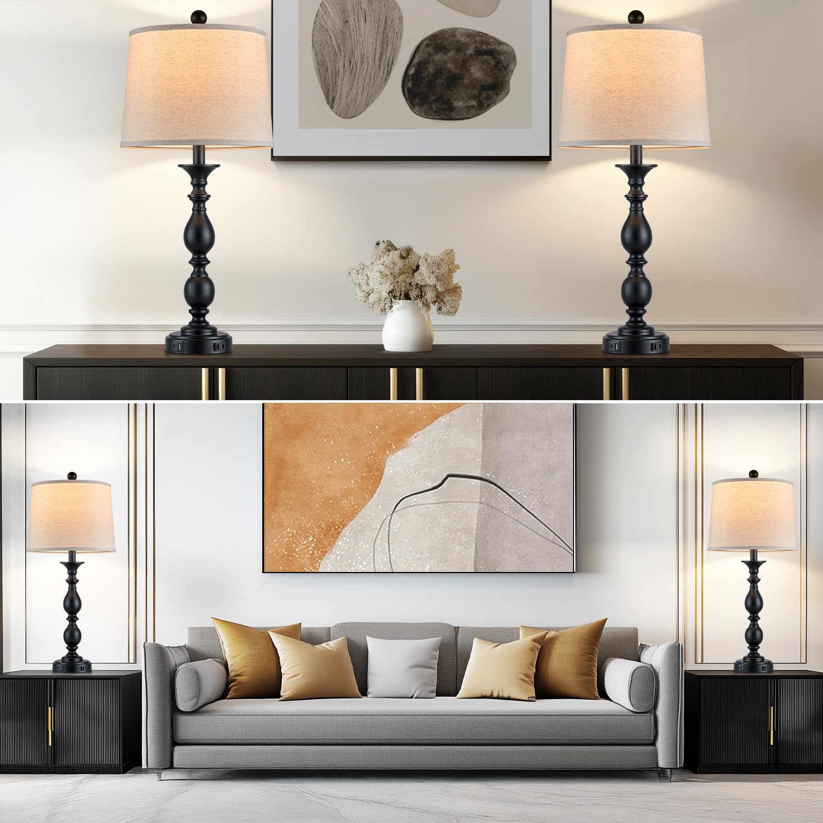 MOUVOVO 28in Tall Modern Table Lamps Set of 2, Metal with USB Ports, 3-Way Touch, Black Farmhouse Nightstand Lighting