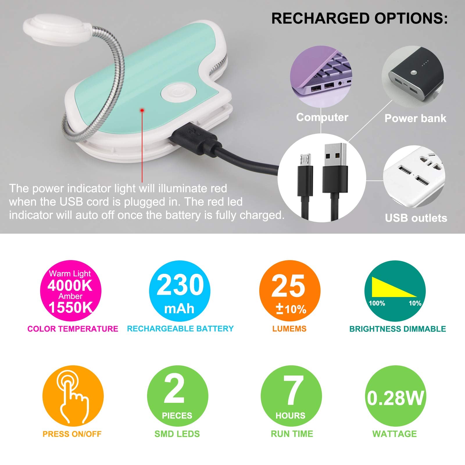 Bigmonat Rechargeable Reading Light For Kids,Small Amber Book Reading Light,Multi Colors Portable Led Reading Lamp With 361 Rota