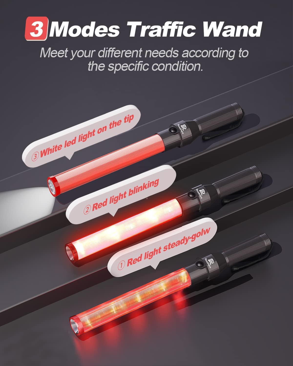 RoadHero 2 Pack 16 Inch Red LED Traffic Wands with 3 Flashing Modes for Air Marshaling and Car Directing
