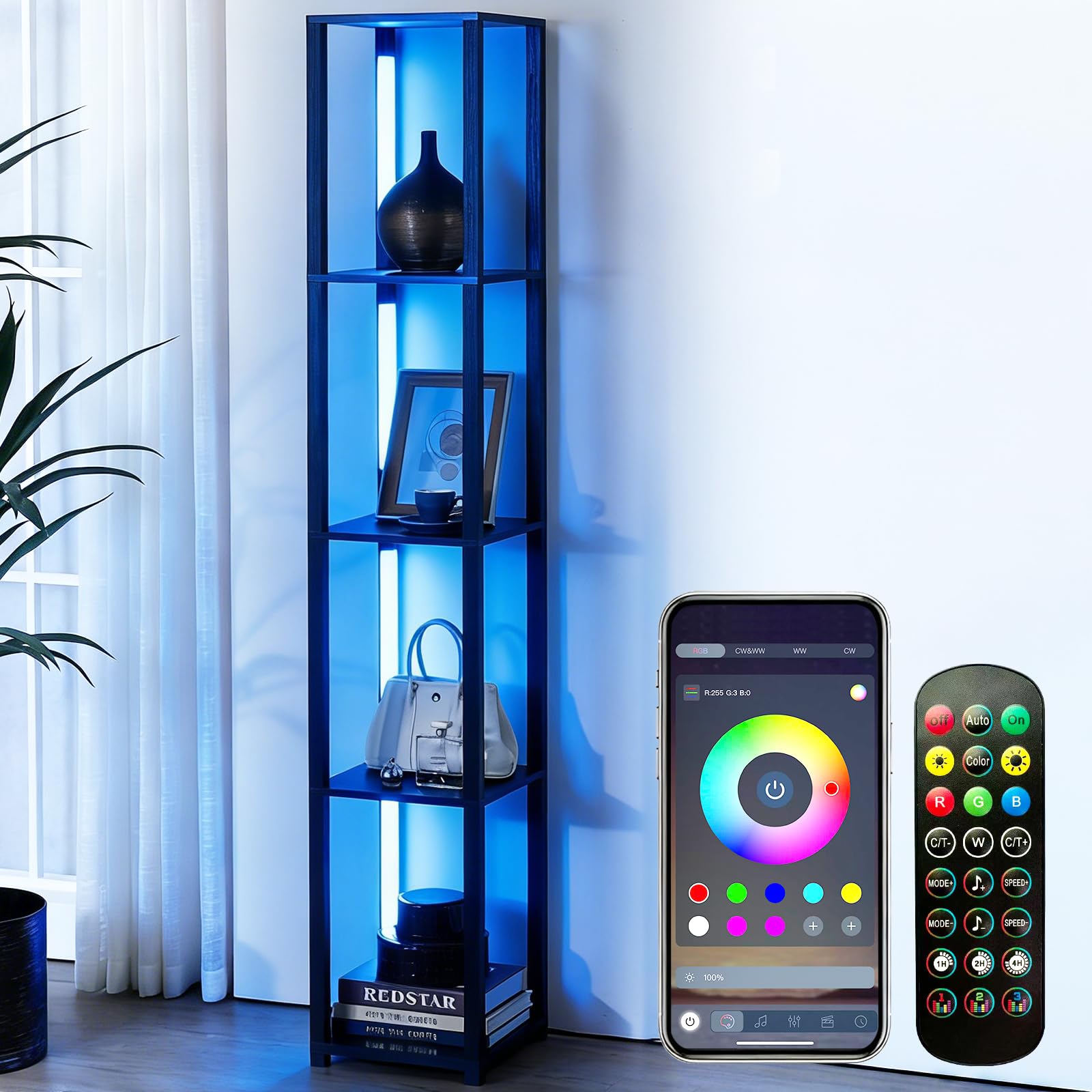 MITELSON RGBCW Floor Lamp, LED Smart Modern Floor Lamp with Music Sync, Color Changing Corner Display Shelf Lamp, Square Standin