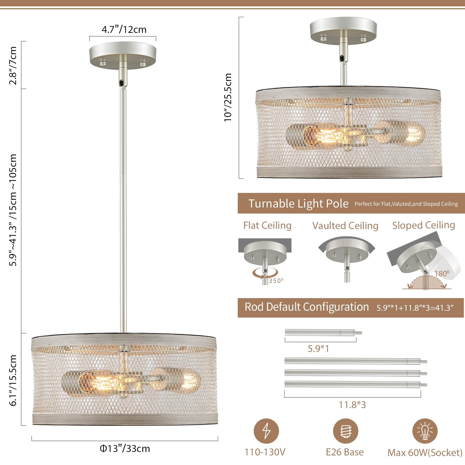 peskoe Modern Farmhouse 22'' Drum Chandelier - Nickel Metal & Wood Grain Pendant Light for Dining Room, Living Room, Kitchen, Bedroom