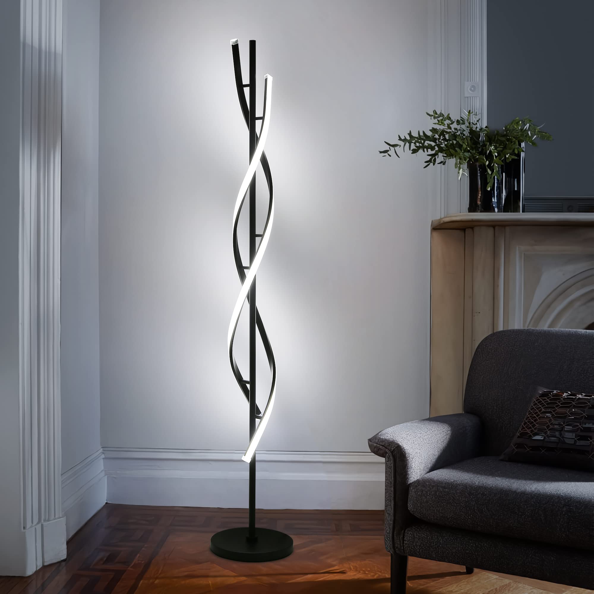 JUTIFAN Modern Spiral Floor Lamp, 53" Black Dimmable LED Corner Lamp with Remote Control, Model JT-LXLDD