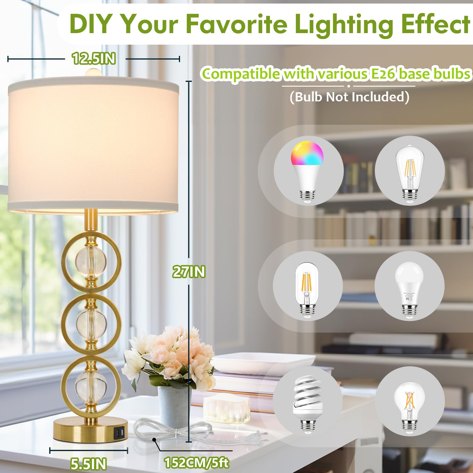 Set Of 2 Modern Gold Table Lamps With 2 Usb Charging Ports, 27 Tall Crystal Bedside Nightstand Lamp With White Fabric Shade, Gla