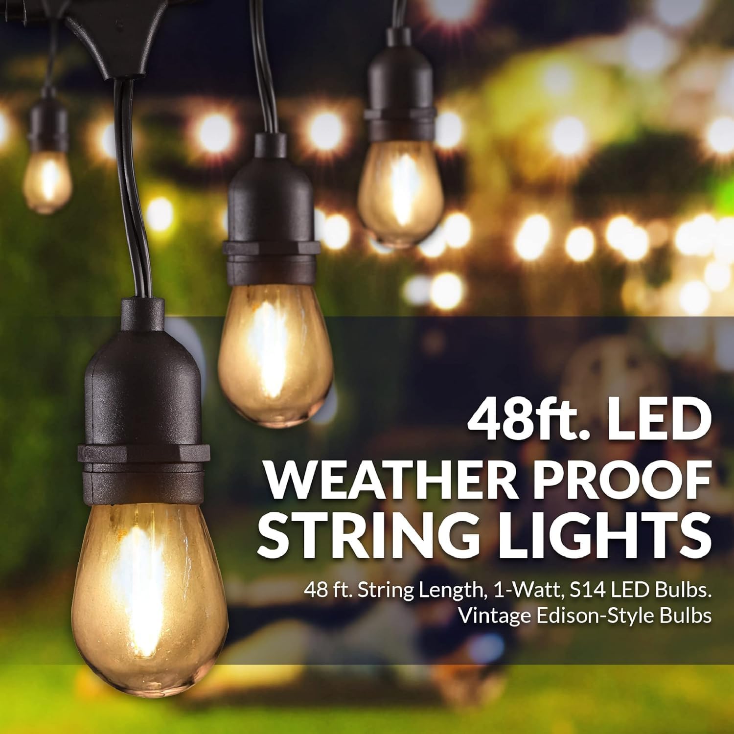 Newhouse Lighting Outdoor String Lights, 48 ft, Weatherproof, Heavy Duty, Black, 18 Bulbs Included, Model CSTRINGINC18