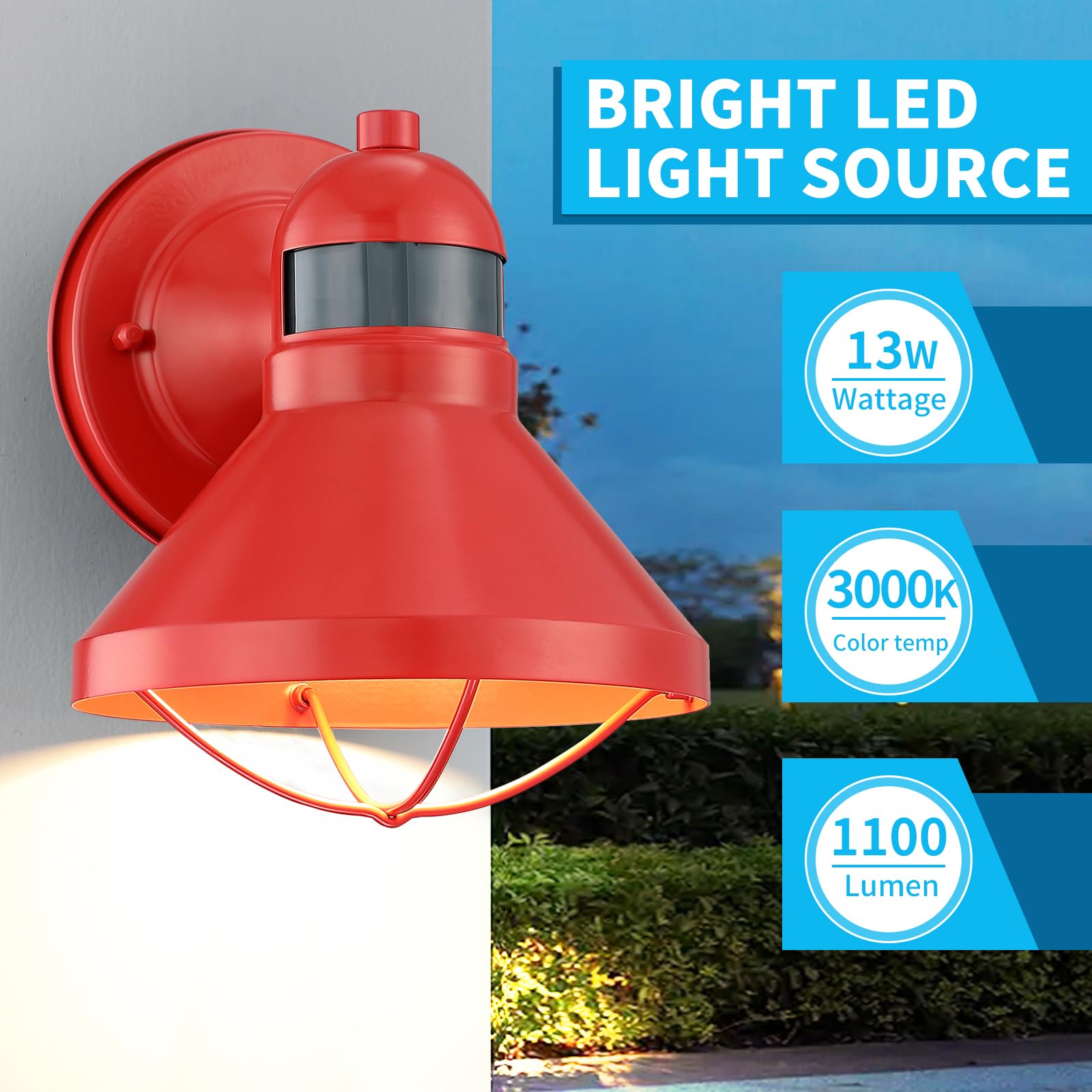 LONEDRUID Motion Sensor Outdoor LED Wall Sconce - Waterproof Red Barn Light, Dusk to Dawn, Model LS-MS-OW, Wall Mount for Porch & Garage