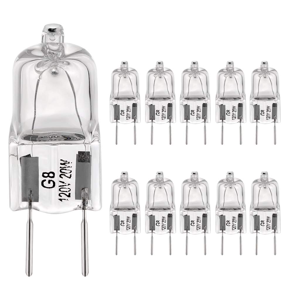 Bogao G8 Halogen Light Bulbs, 20W 120V, Warm White, 10 Pack, 1.38 Length, Bi-Pin Short, Ideal for Under Cabinet P
