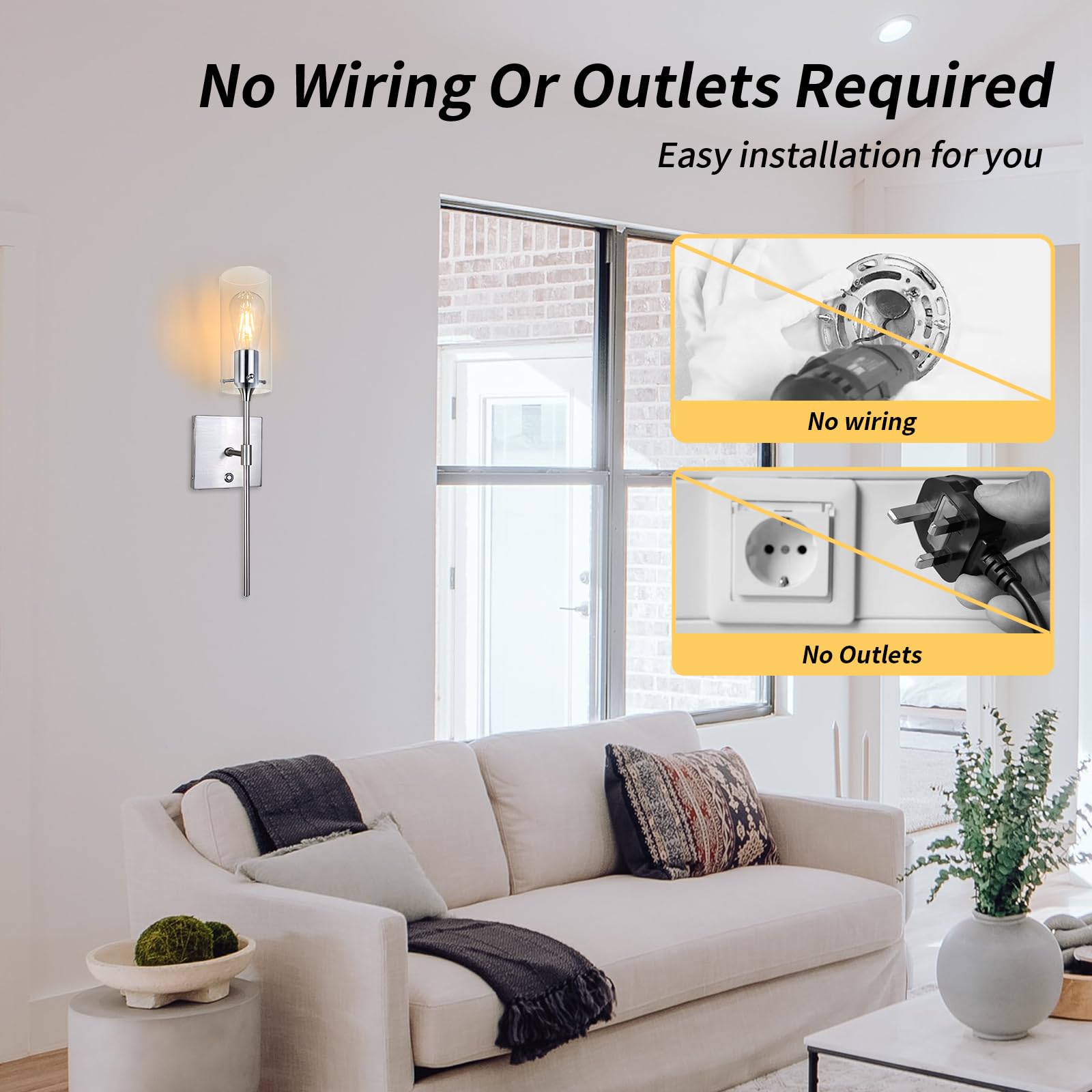 Thyfenno Dimmable Battery Operated Wall Sconce No Wired, Rechargeable Wall Light Fixture, Easy To Install Wireless Wall Mount Lamp For Living Room Bedside Hallway Lounge Mirror, Bulb Included
