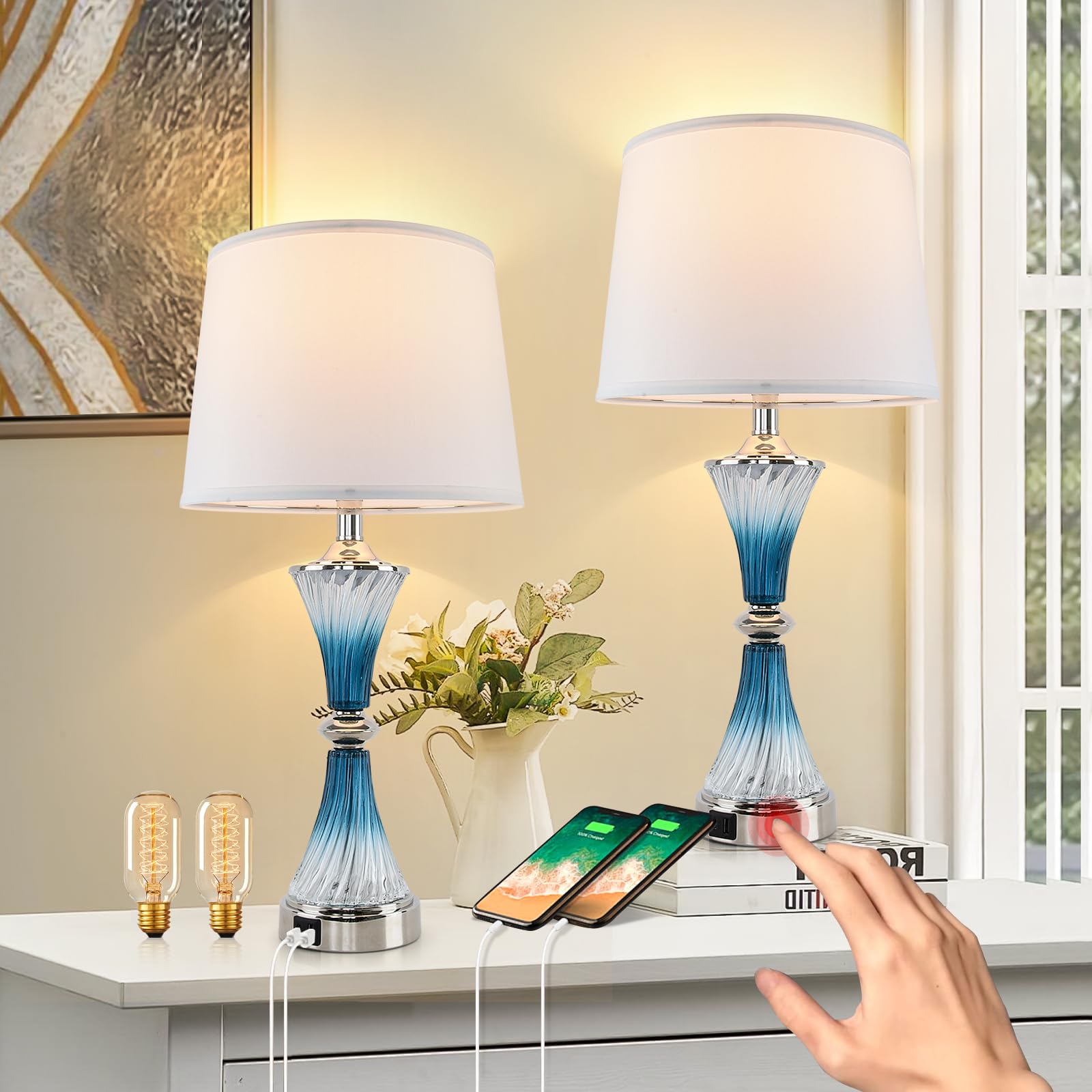 Terpsichore Modern Table Lamps Set of 2: Coastal Glass, Blue & Cyan, LED, Touch Control, 3-Way Dimming, USB Charging, Energy Eff