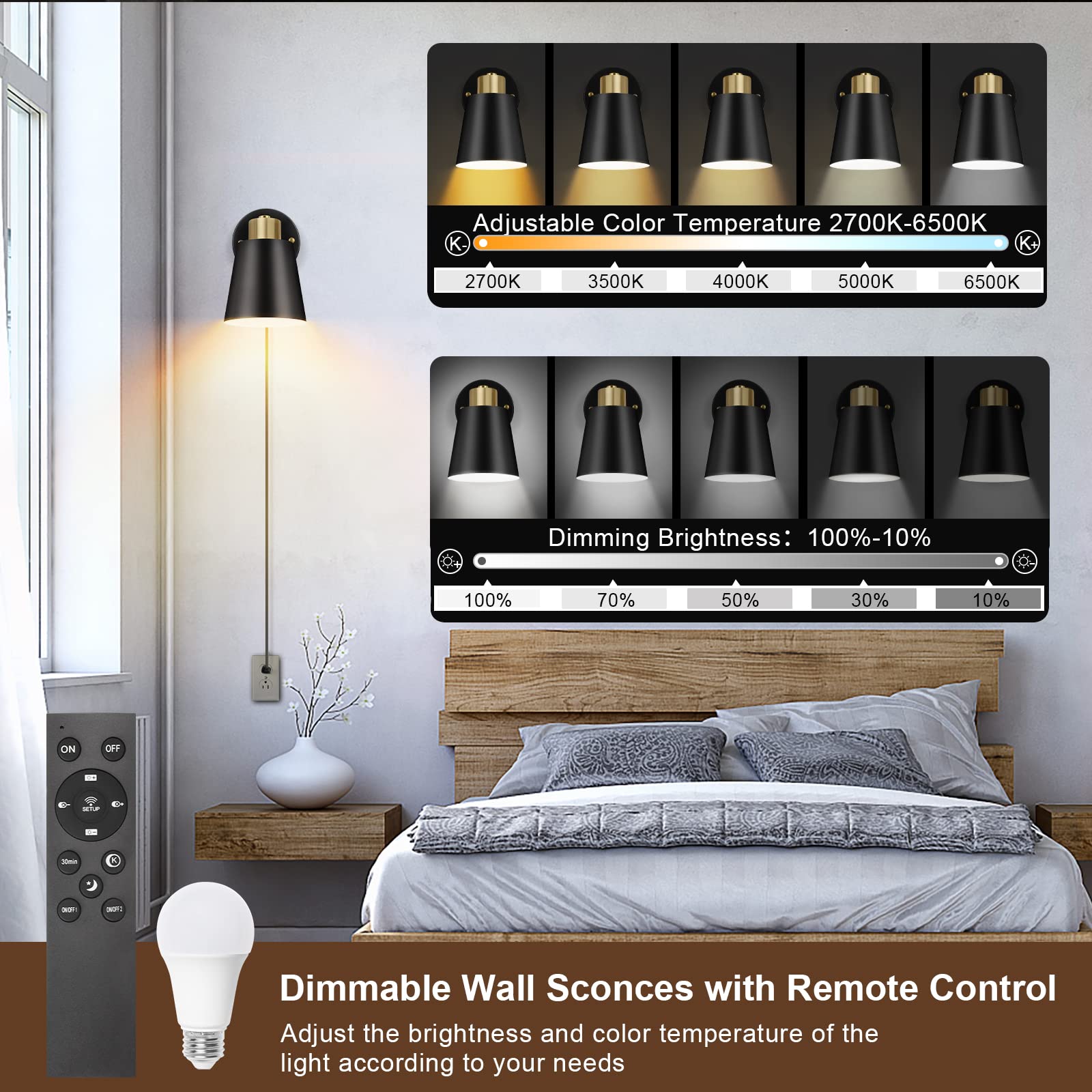 VATONI Wall Sconce Plug-in with Remote Control, Dimmable, Adjustable Color Temp 2700K-6000K, 2 Pack, Black, Model Stlamp-Blk-2