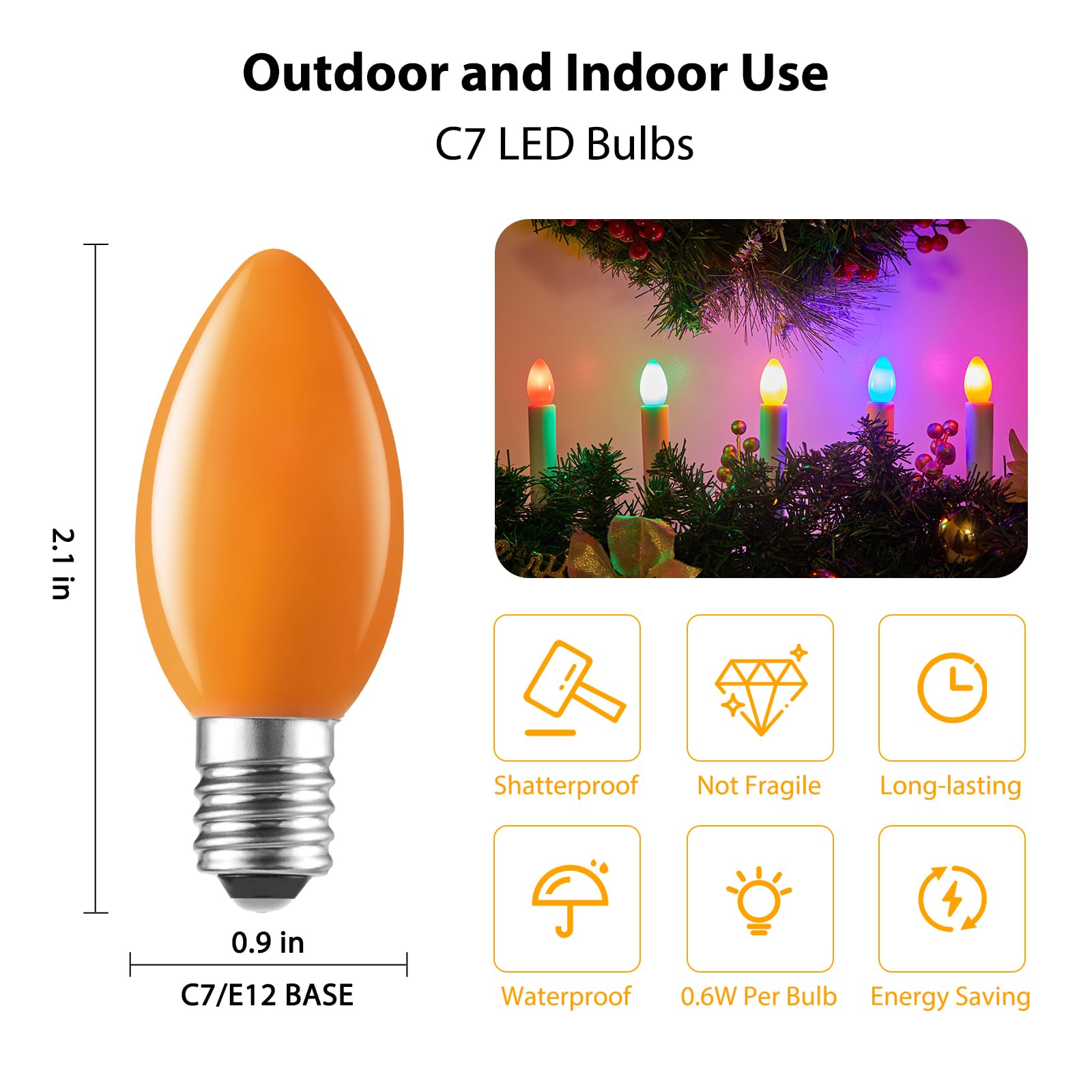 50 Pack C7 Led Christmas Lights Bulb Replacement Light Bulbs Multicolor Commercial Light Bulbs, C7/E12 Candelabra Base Fits C7 C