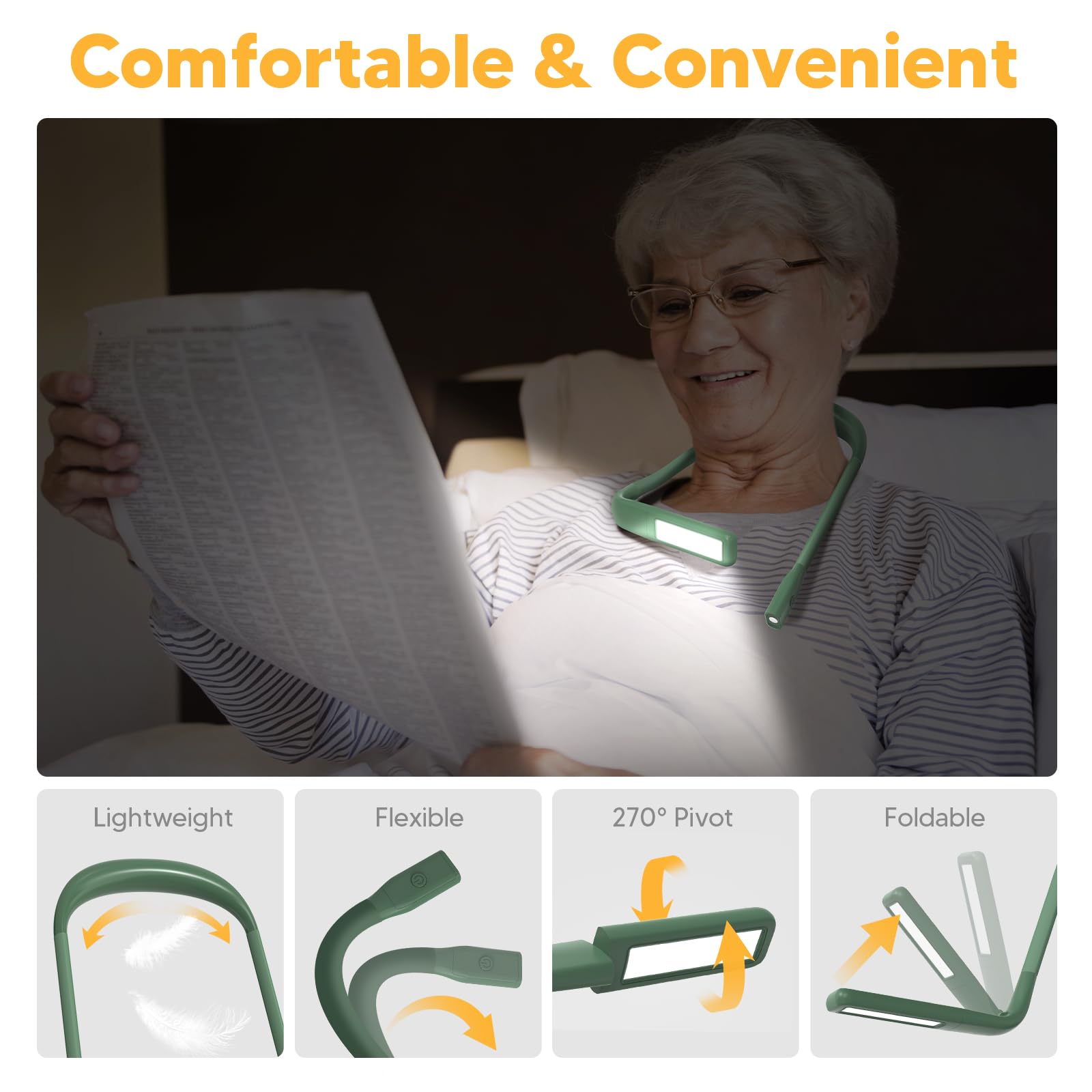 Neck Reading Light, Book Light For Reading In Bed, Eye-Friendly Wide Reading Lamp 10-80Hrs, Bendable Arms & 2 Bright Lights, Rec