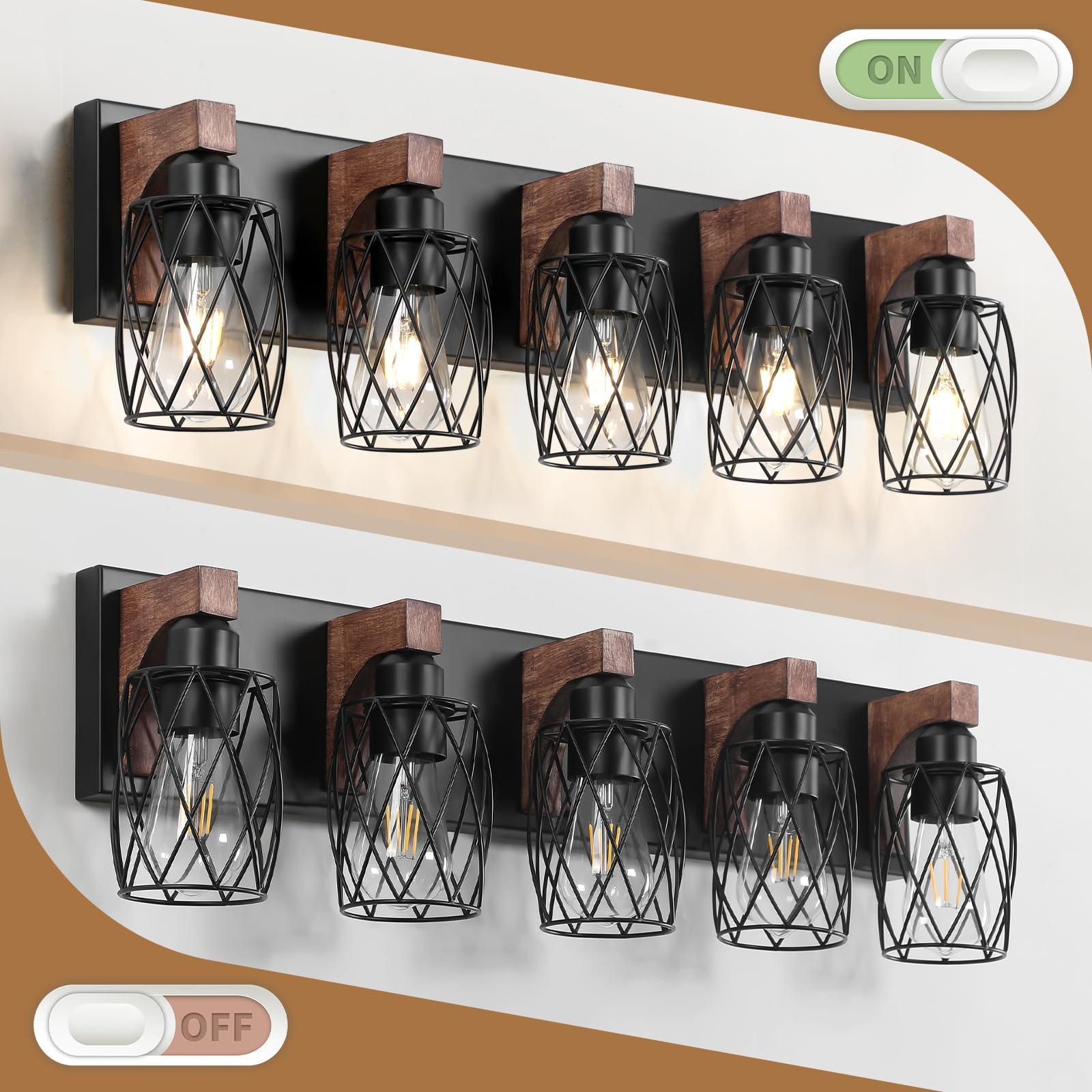 Dikaida 5-Light Vanity Light For Bathroom, Farmhouse Bathroom Vanity Light Over Mirror, Wood Wall Sconces Vanity Lighting With C