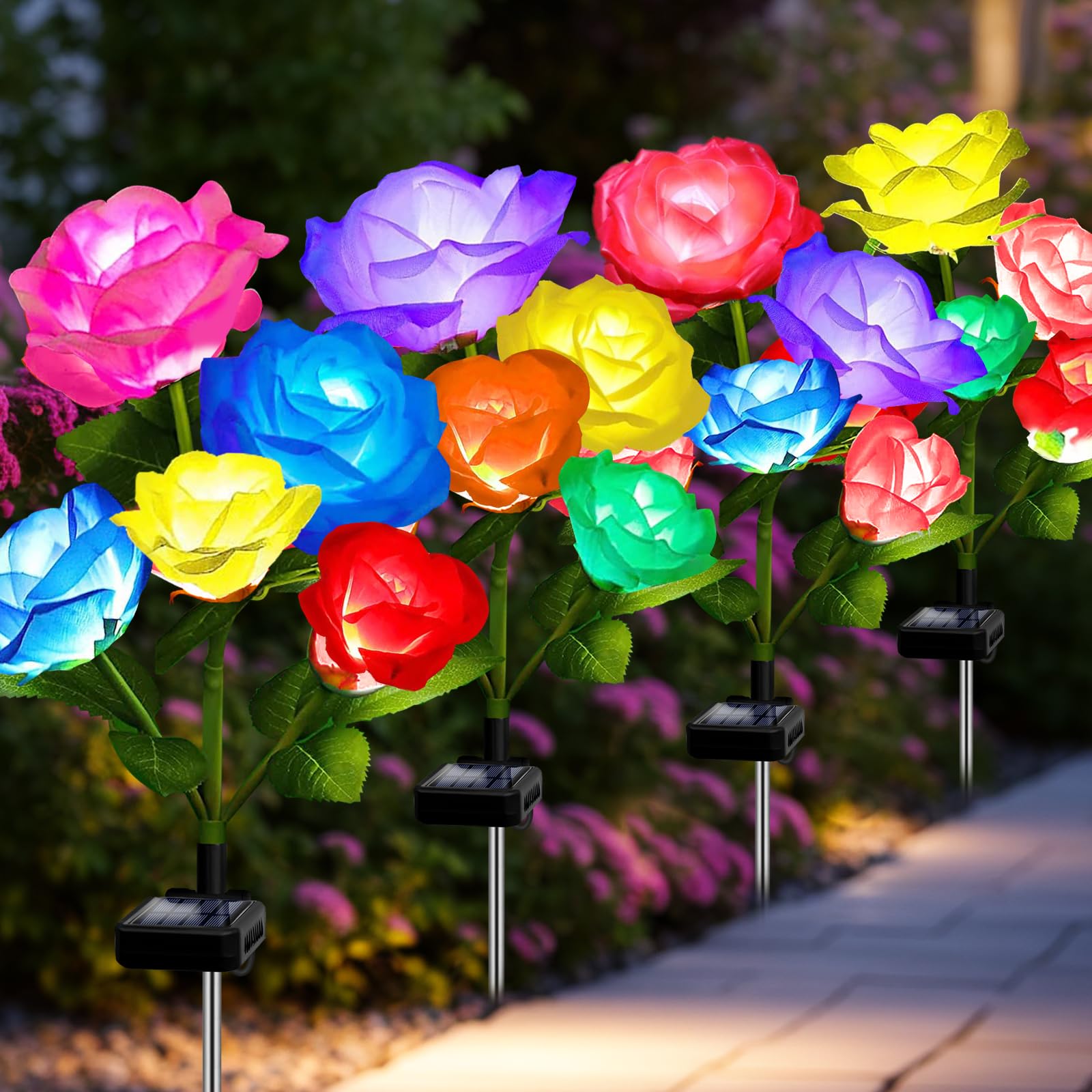 Solar Garden Decor Outdoor Lights, 4 Pack Waterproof Garden Lights for Outside, 16 Solar Rose, Multi-Color Changing Solar Flower