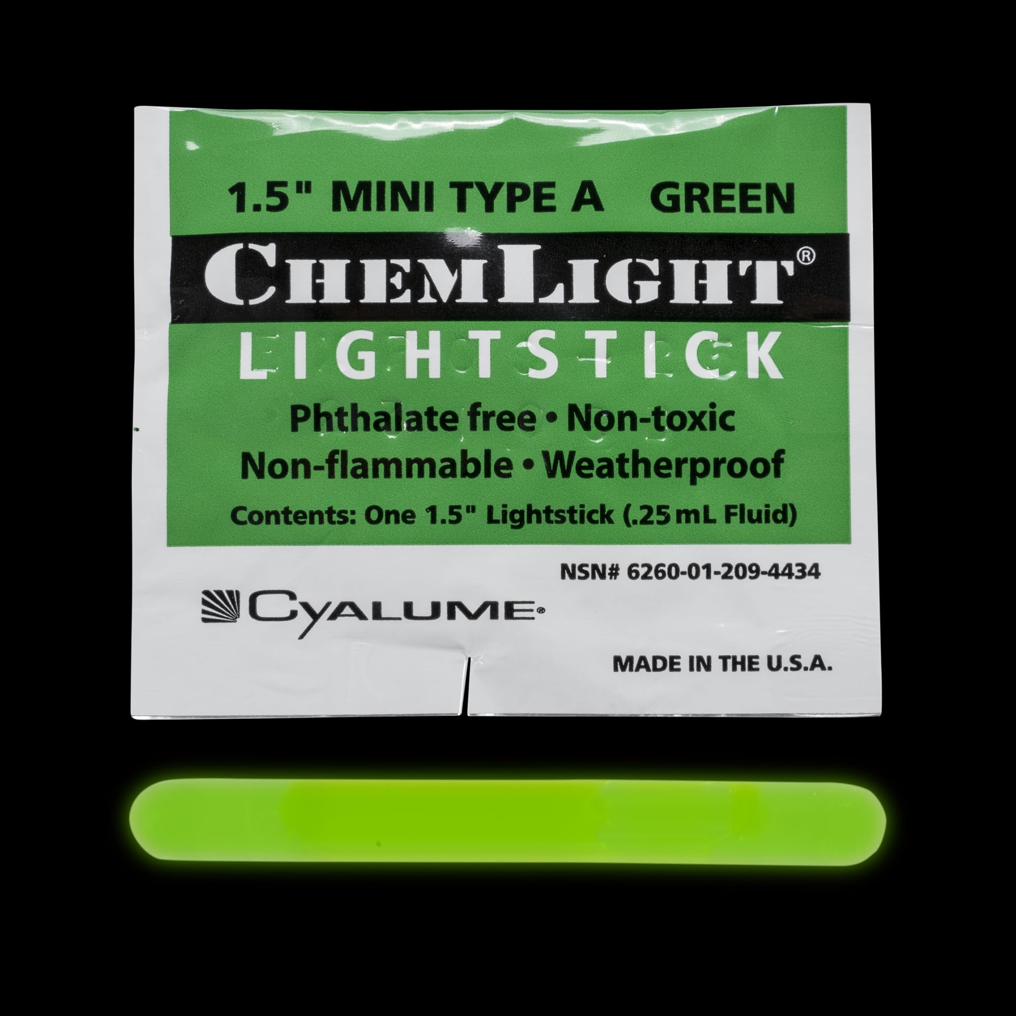 Cyalume ChemLight Mini Light Stick, Military Grade, Green, 1.5 Inch, 50 Pack, Model 9-44340PF