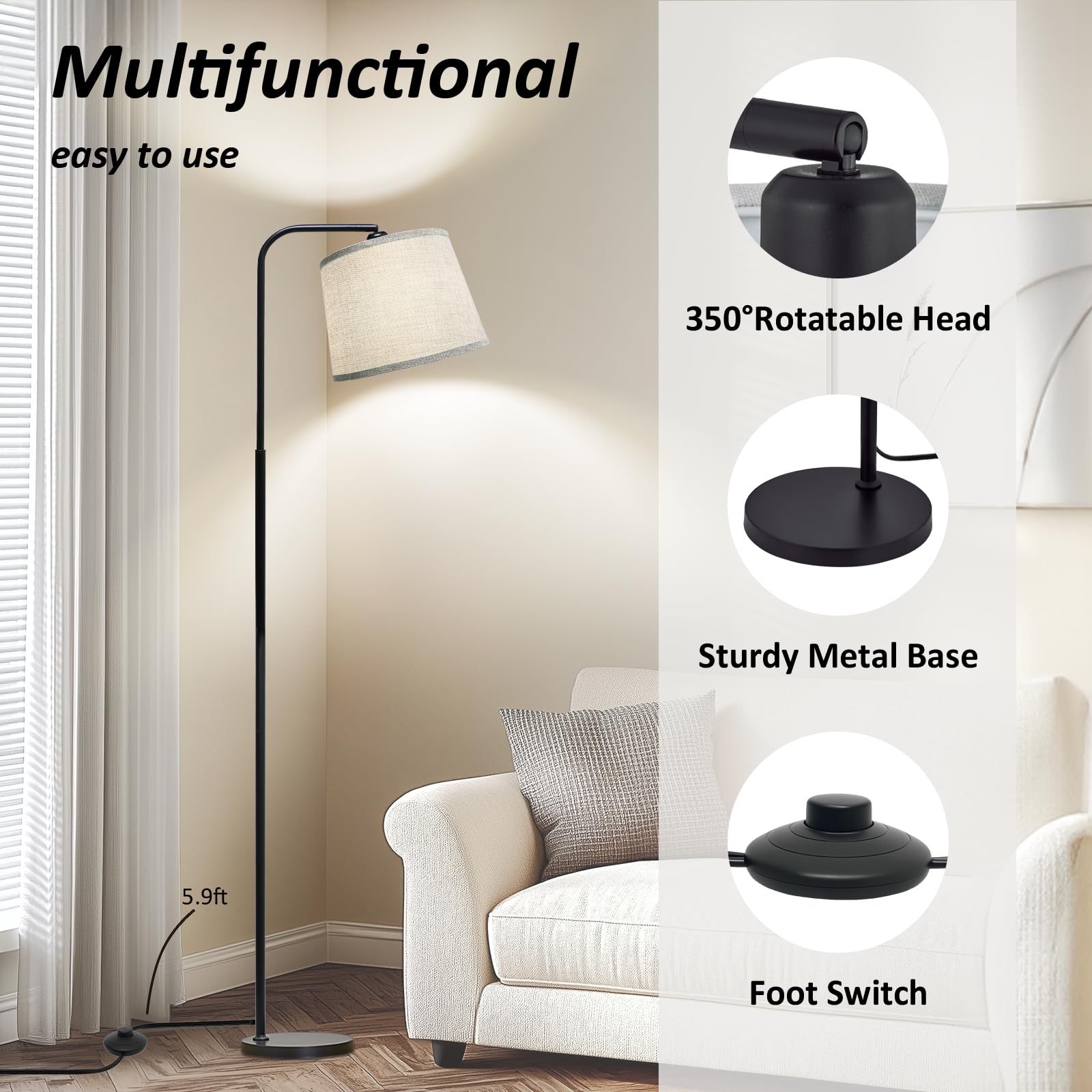 AKASUKI Floor Lamp, 3 Color Temperatures, Metal, Black Base-Grey Shade, Model LT-1125, Includes 9W LED Bulb