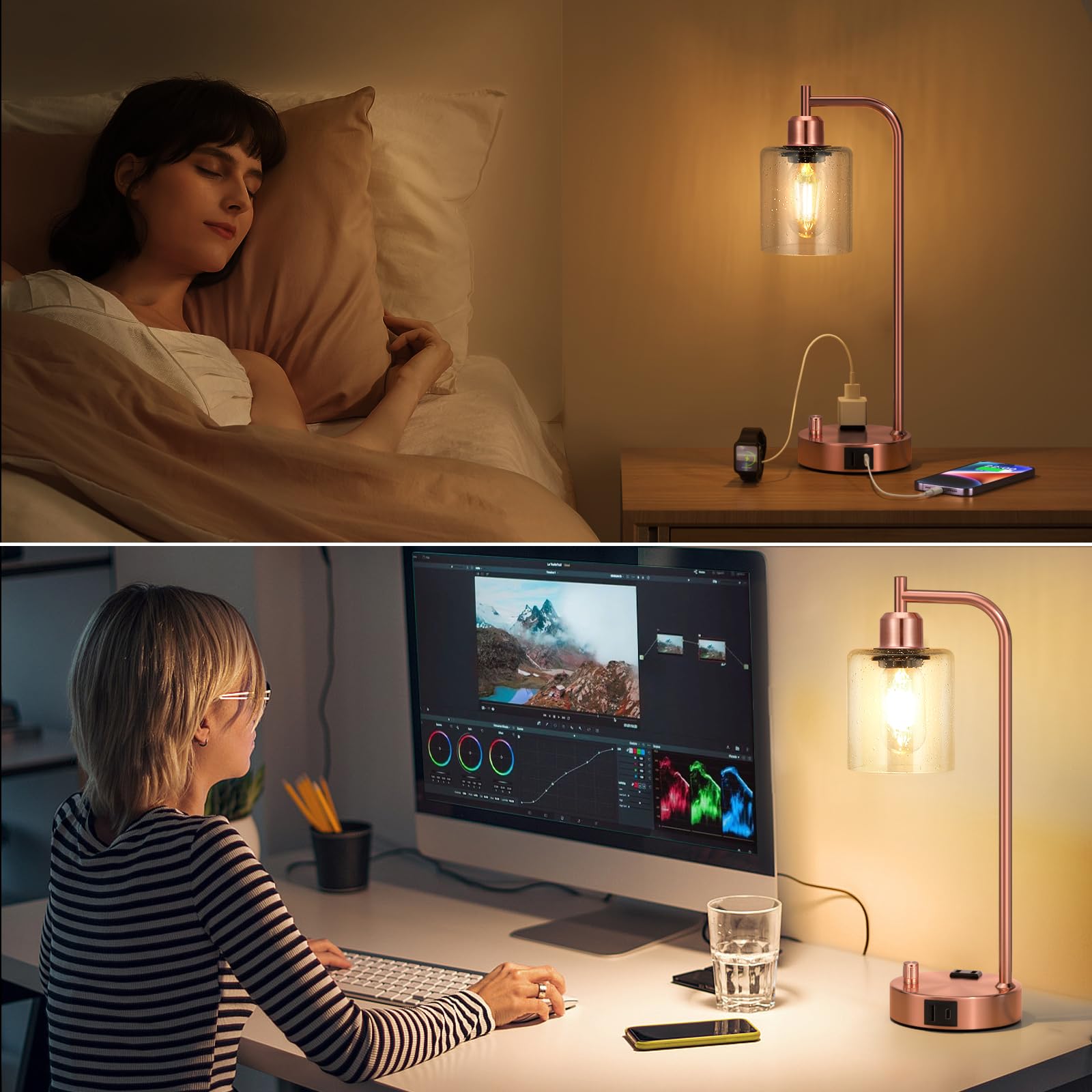 Innqoo Industrial Table Lamps For Bedrooms Set Of 2 - Fully Dimmable Bedside Lamps With Usb Ports And Outlet, Copper Nightstand