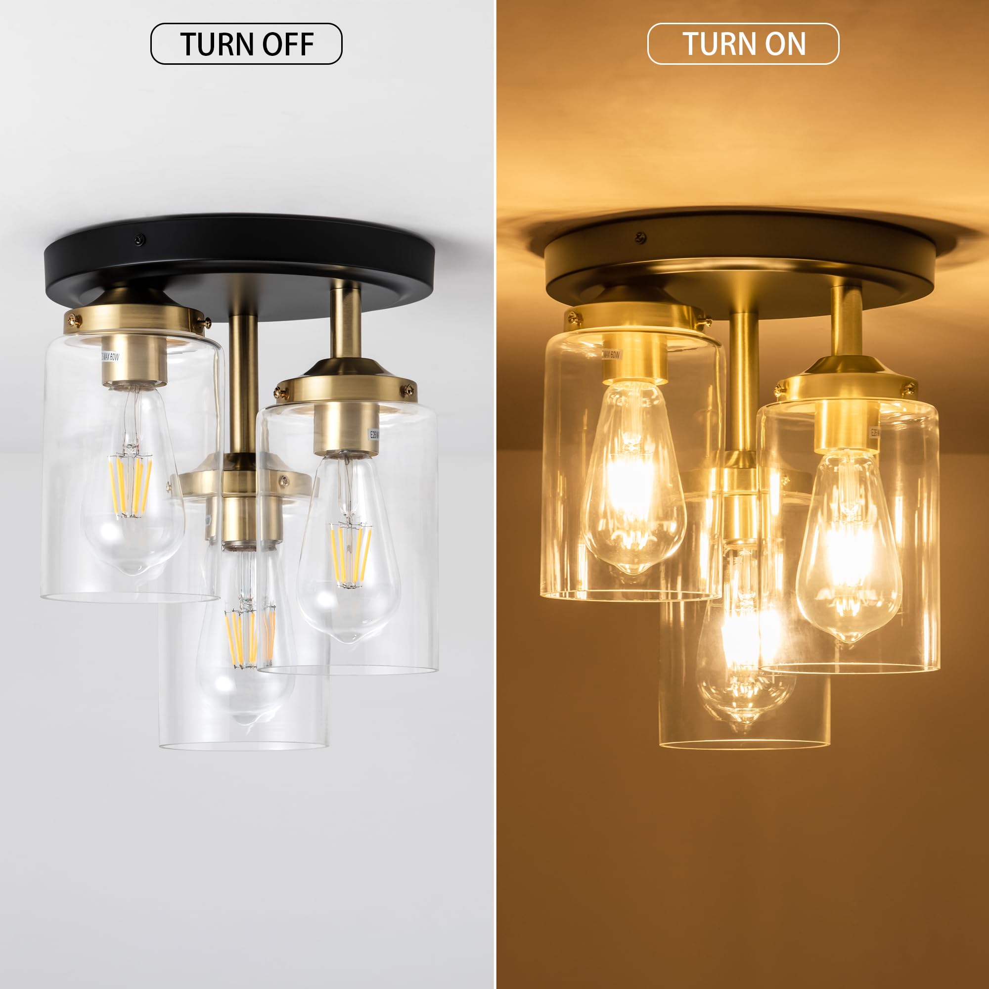 Mayful Semi Flush Mount Ceiling Light, 3-Light Clear Glass Shade Ceiling Light Fixture, Gold Finish Cluster Cylinder Ceiling Lig
