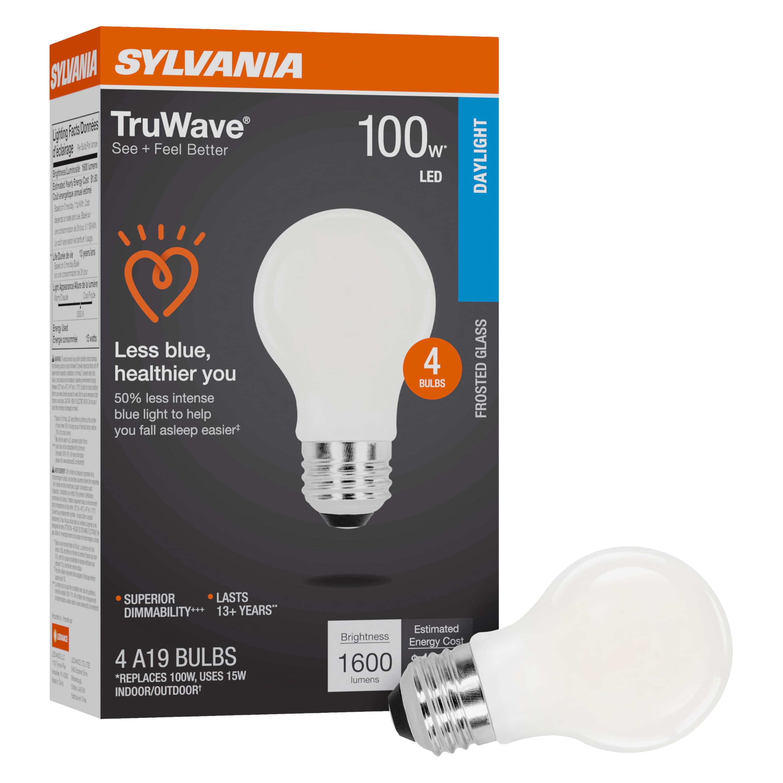 Sylvania Led Truwave Natural Series A19 Light Bulb, 100W Equivalent, Efficient 15W, 1600 Lumens, Medium Base, Dimmable, Frosted,