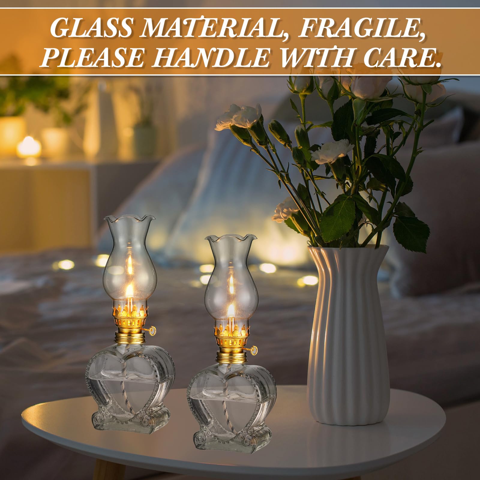 Yexiya 2 Pieces Rustic Oil Lamp Lantern Large Classic Kerosene Lamp Vintage Glass Kerosene Lamp Chamber Oil Lamps With 6.6 Ft Extra Oil Lamp Wick For Indoor Use Home Decor Lighting (Heart)