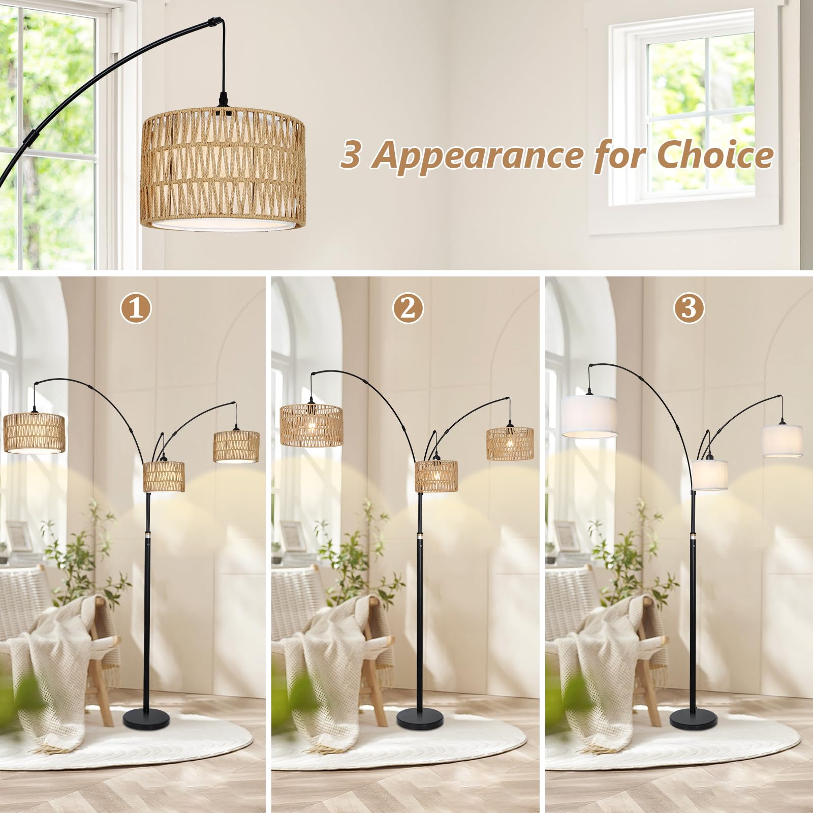 Airposta Black Arc Floor Lamp - Dimmable Rattan Shade, Industrial Style for Living Room & Office, Model 230704A1
