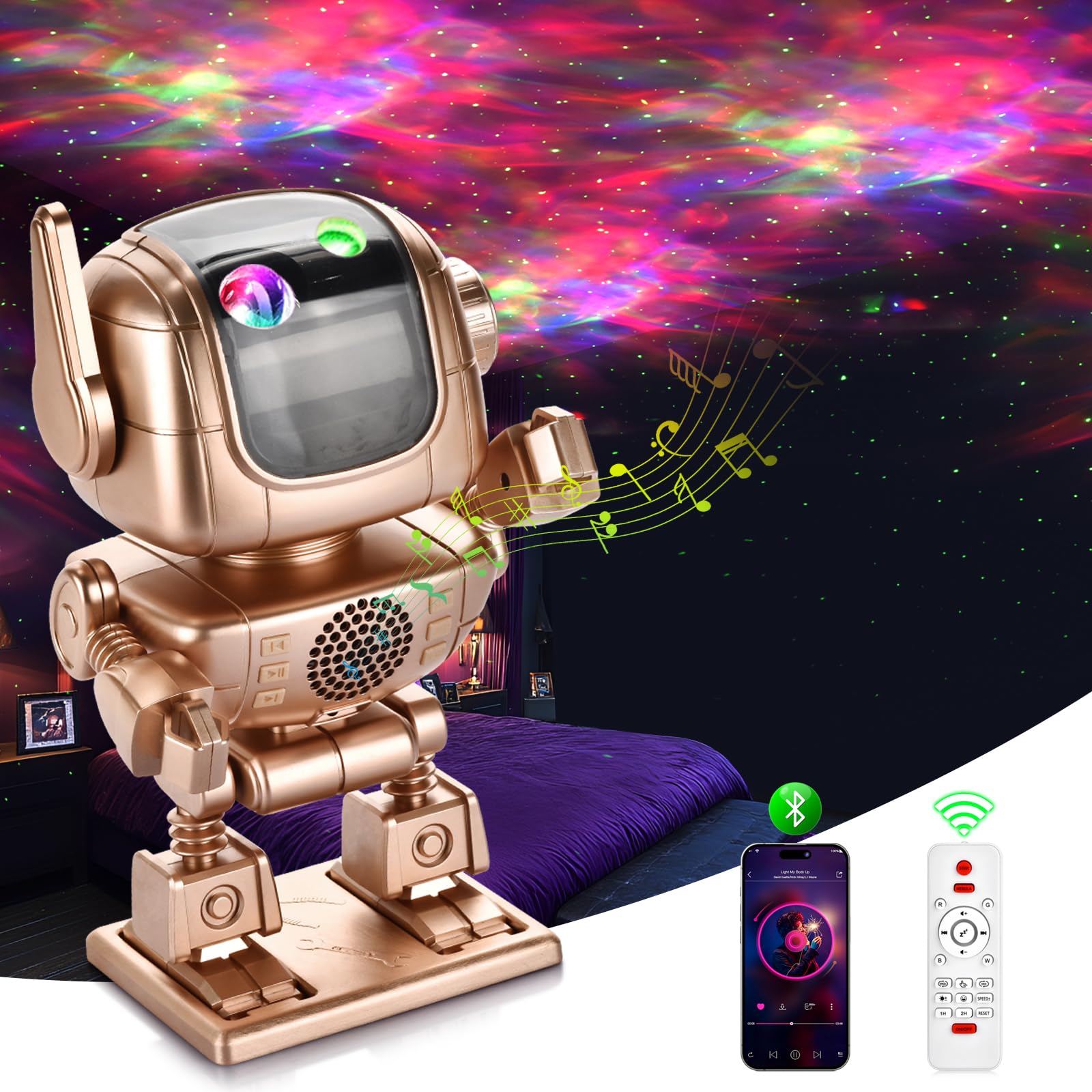 Robot Galaxy Projector, Astronaut Star Projector, LED Night Light Starry Nebula with Timer Remote Control White Noise Bluetooth 