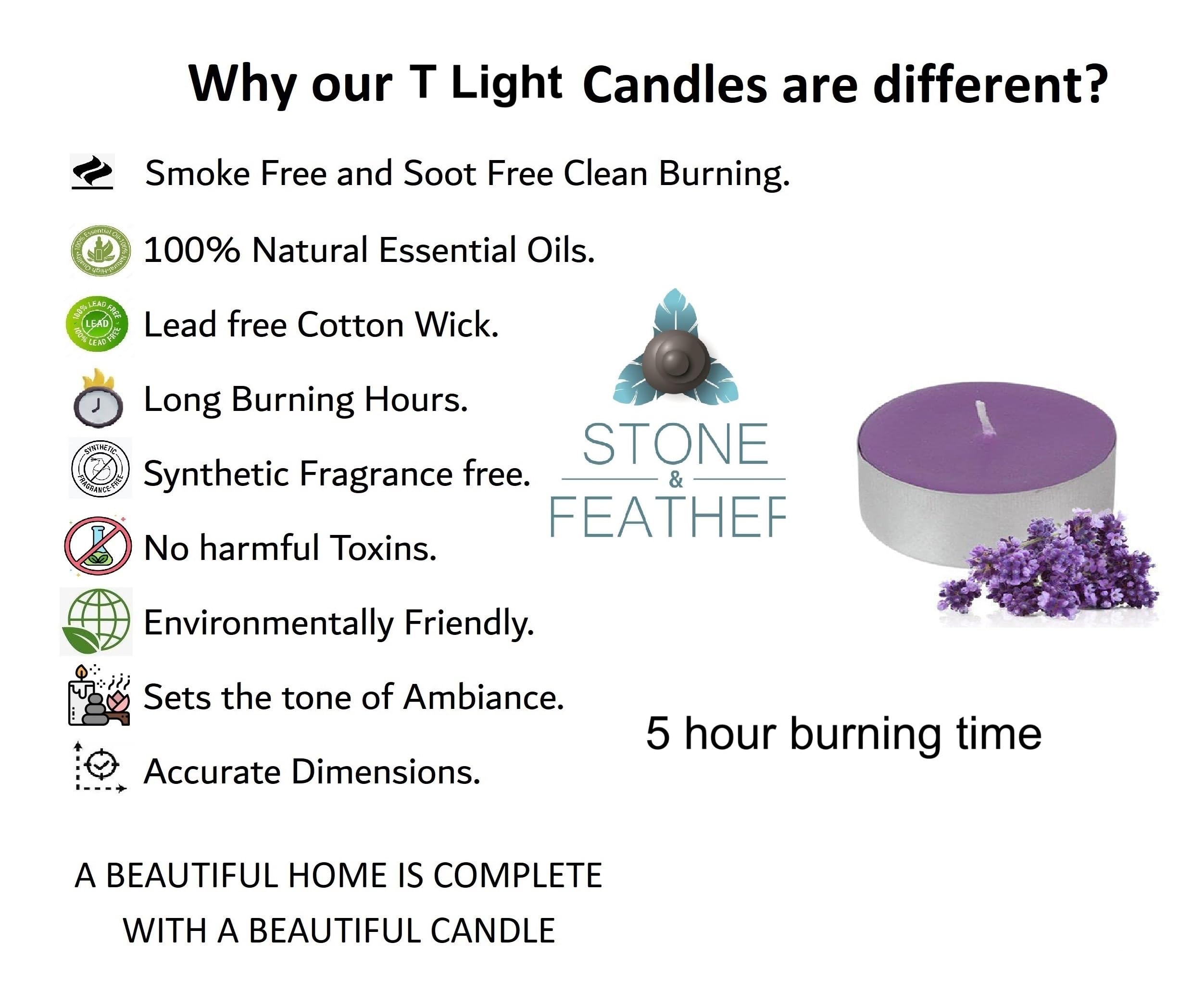 Stone & Feather, Lavender Scented T-Light Candles (Purple) Paraffin Wax Long Burning time 5 Hours Each, Pack of 25, for Diwali,