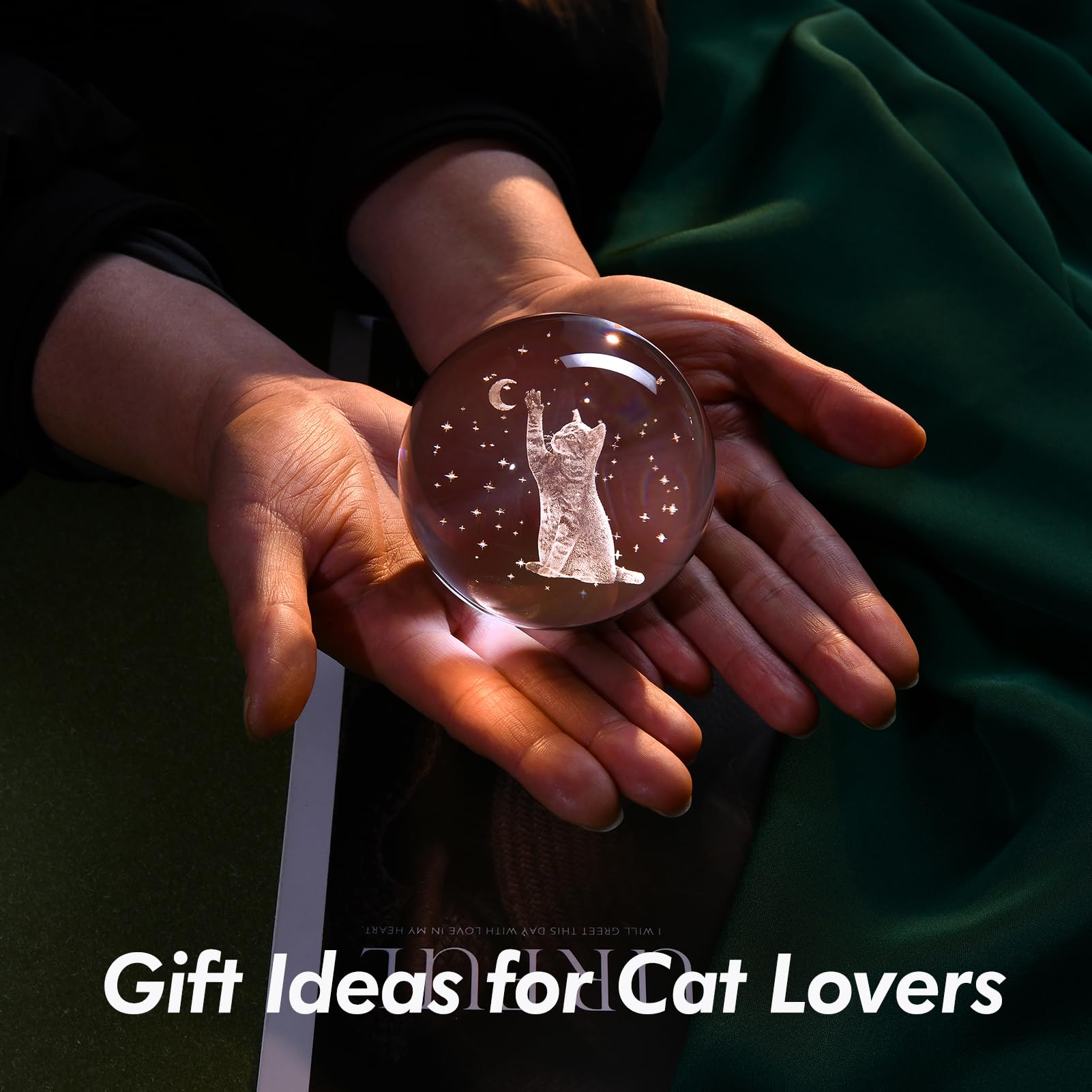 Ifolaina 3D Cat Crystal Ball Cute Cat Lover Gifts For Women Christmas Snow Globe Gifts For Birthday Mothers Day Kitten Lamp 3.15 Engraved Glass Sphere Decor Night Light
