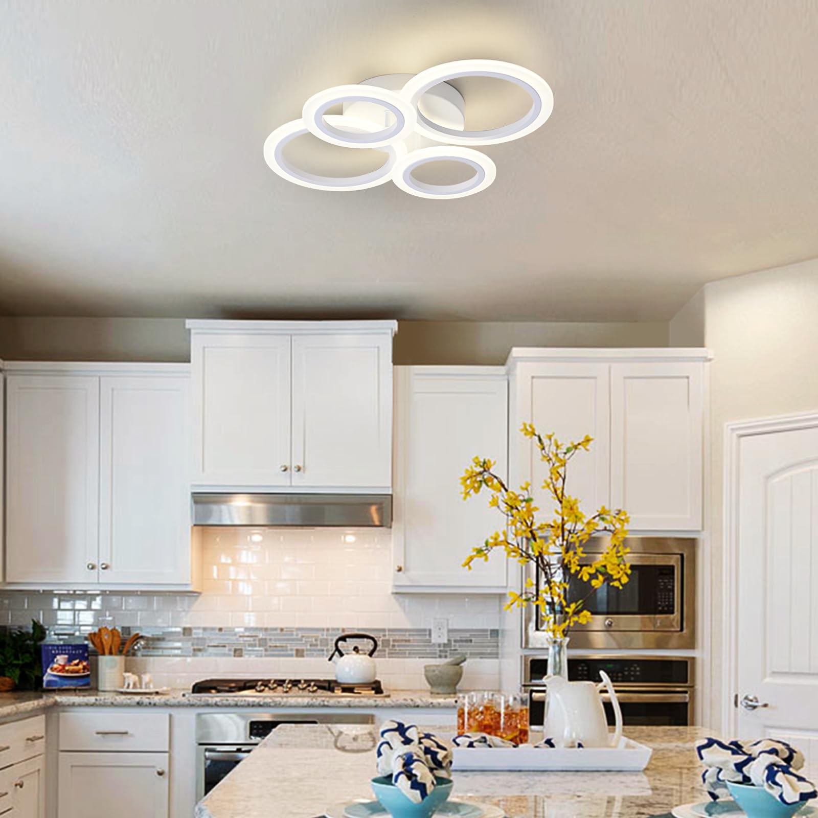 Teminbu Modern Led Ceiling Light, White 4 Rings Flush Mount Ceiling Light, 4000K Lighting Fixture Ceiling Lamp For Kitchen, Bedroom, Living Room, Laundry Room