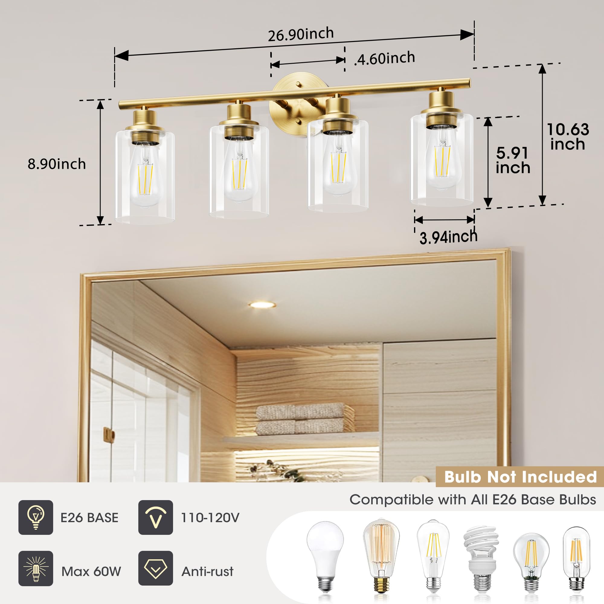 Weyderk 4-Light Gold Bathroom Vanity Light Fixture, Metal with Clear Glass Shades, UL Certified, Model BD
