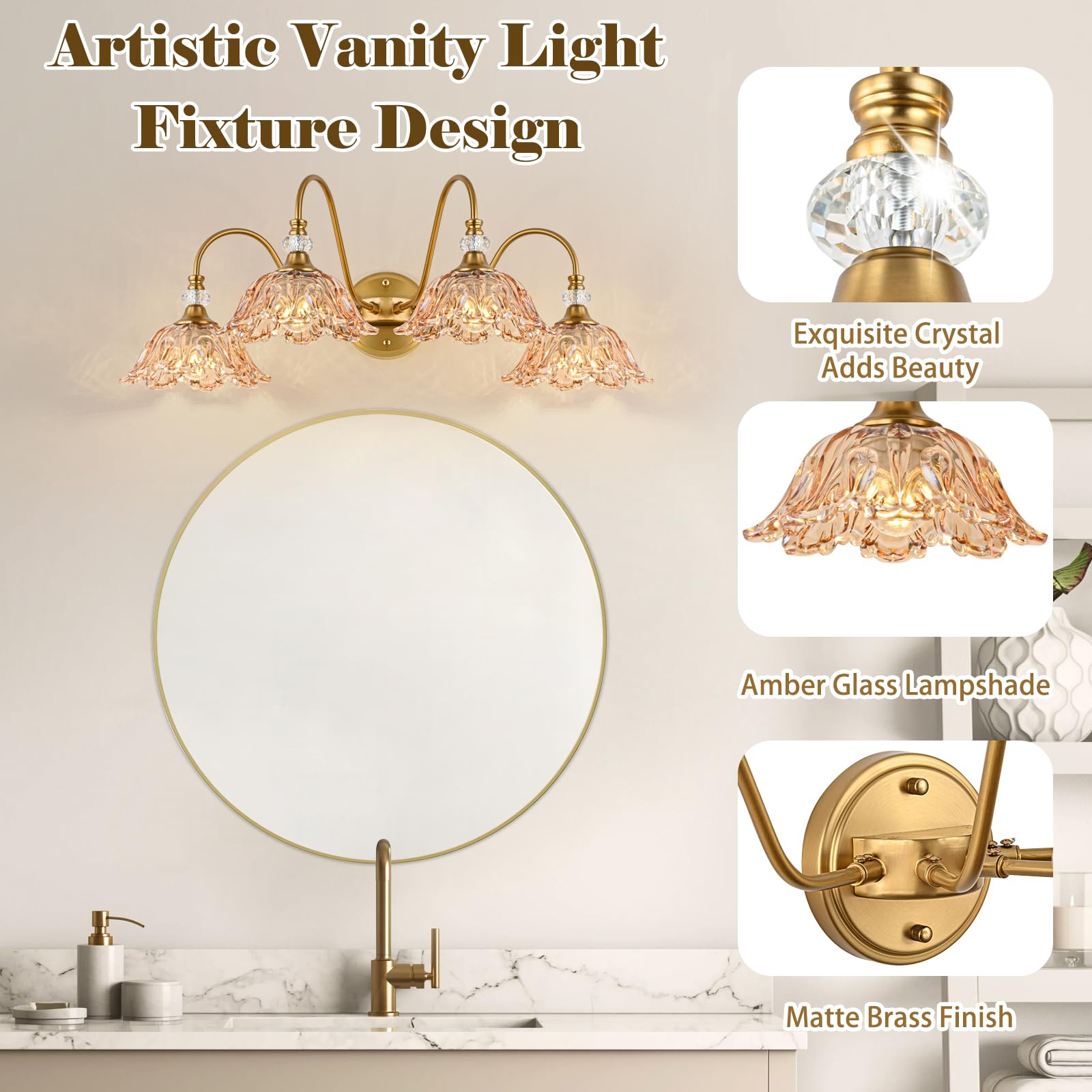 Sunkryster Vintage Bathroom Vanity Light  4-Light Matte Brass Finish Vanity Light With Floral Amber Glass Shades  Retro Wall Mount Lighting For Bathroom  Dressing Table