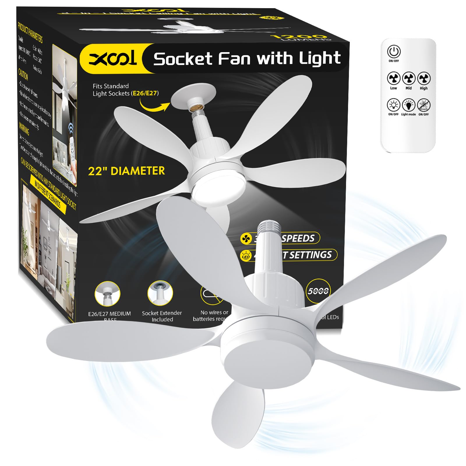 Socket Fan Light, 22&quot; Ceiling Fan with LED Lights and Remote, 3 Fan Speeds, Adjustable Cool & Warm Light, Wireless Screw in Socket Fan Light for Bedroom, Kitchen, Living Room, 1200 Lumen, E26/E27 Base